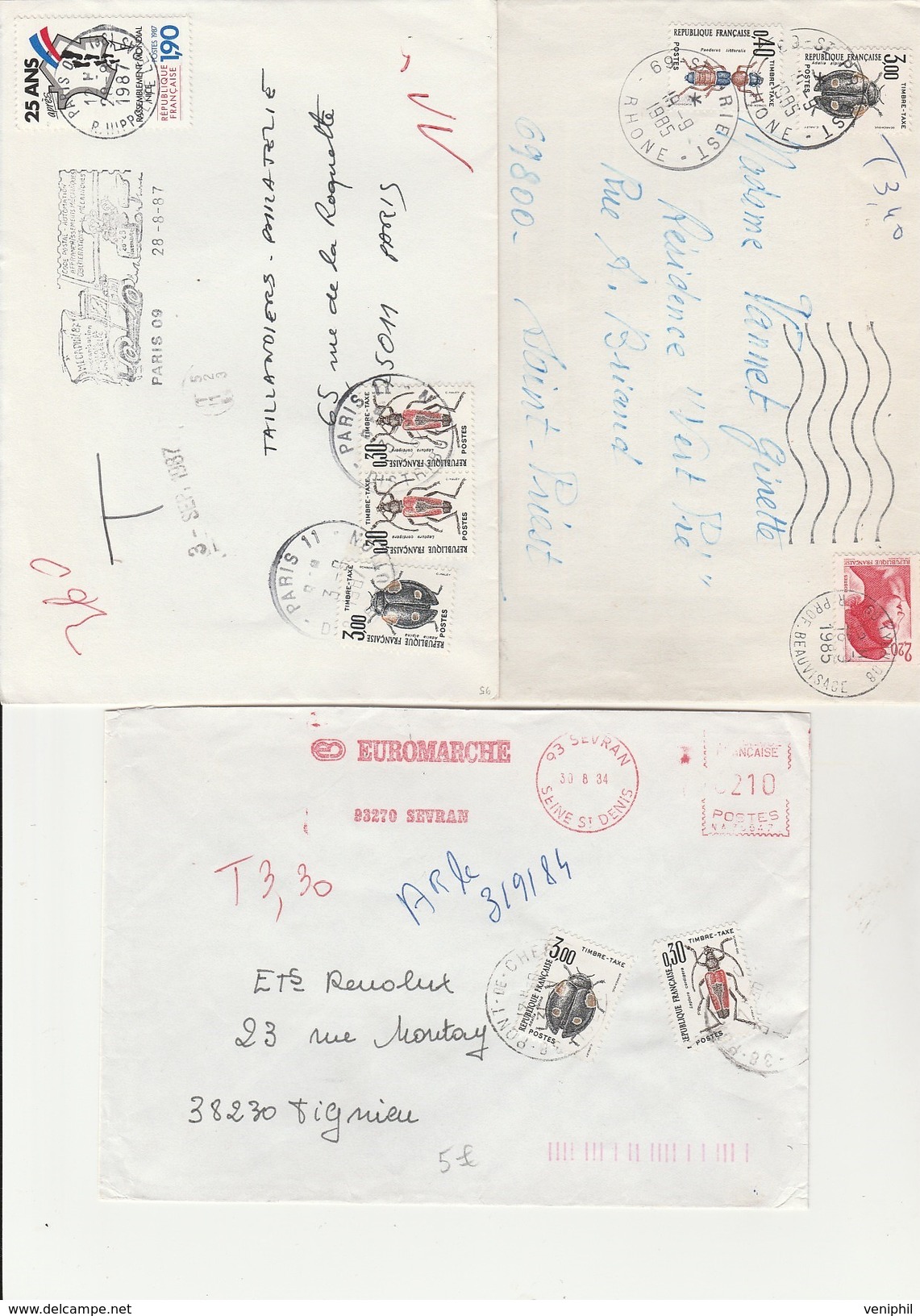 LOT DE 3 LETTRES TAXEES DES ANNEES 1984-85-87 - 1960-.... Covers & Documents