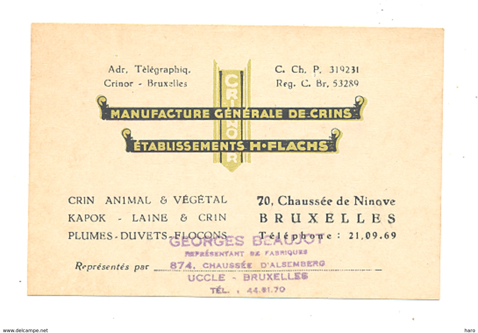 Carte De Visiste - BRUXELLES - Manufacture Générale De Crins - Ets M. FLACHS  (k) - Cartes De Visite