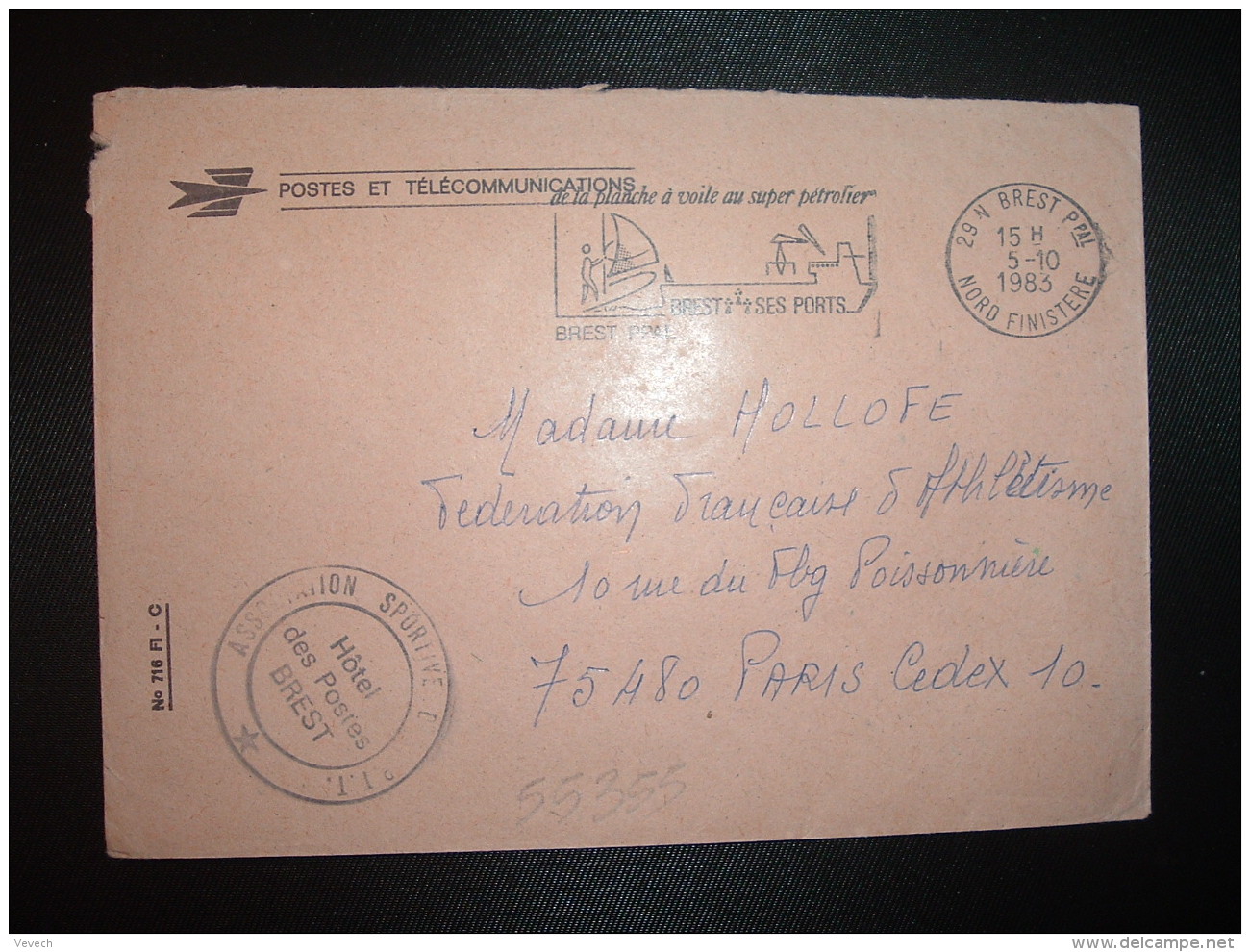 LETTRE P ET T OBL.MEC.5-10-1983 BREST PPAL (29 FINISTERE) ASSOCIATION SPORTIVE DES P.T.T. - Civil Frank Covers