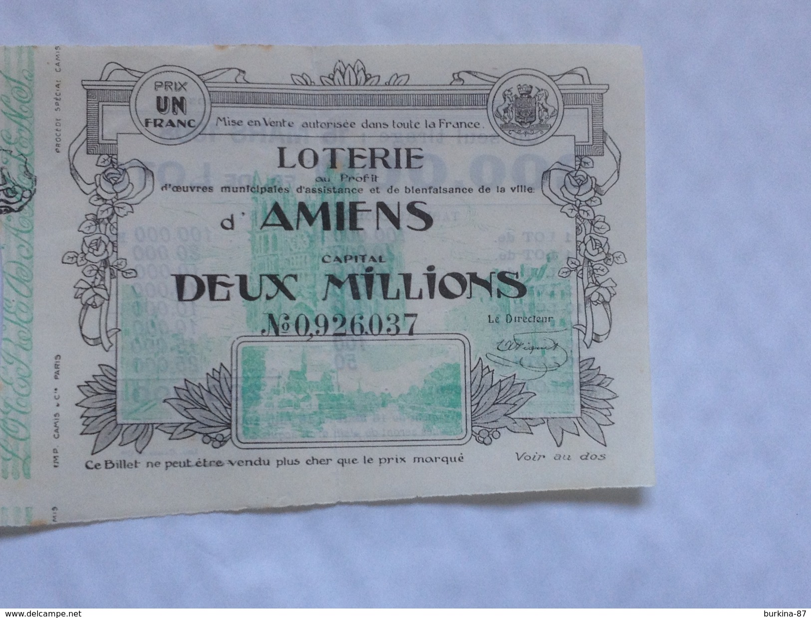 Billet Loterie D'AMIENS, 1908 , Bienfaisance De La Ville - Billets De Loterie