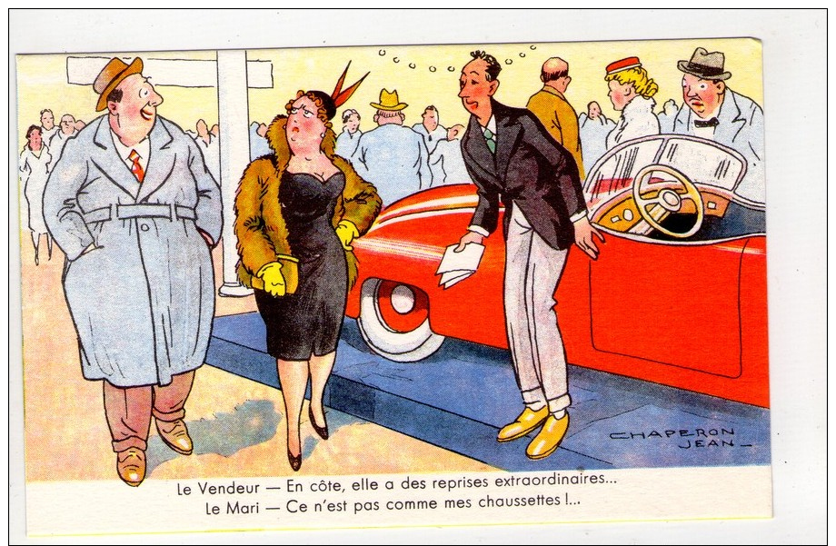 CP 9*14-POP665-HUMOUR  JEAN CHAPERON AUTOMOBILE FEMME ET VENDEUR - Humour