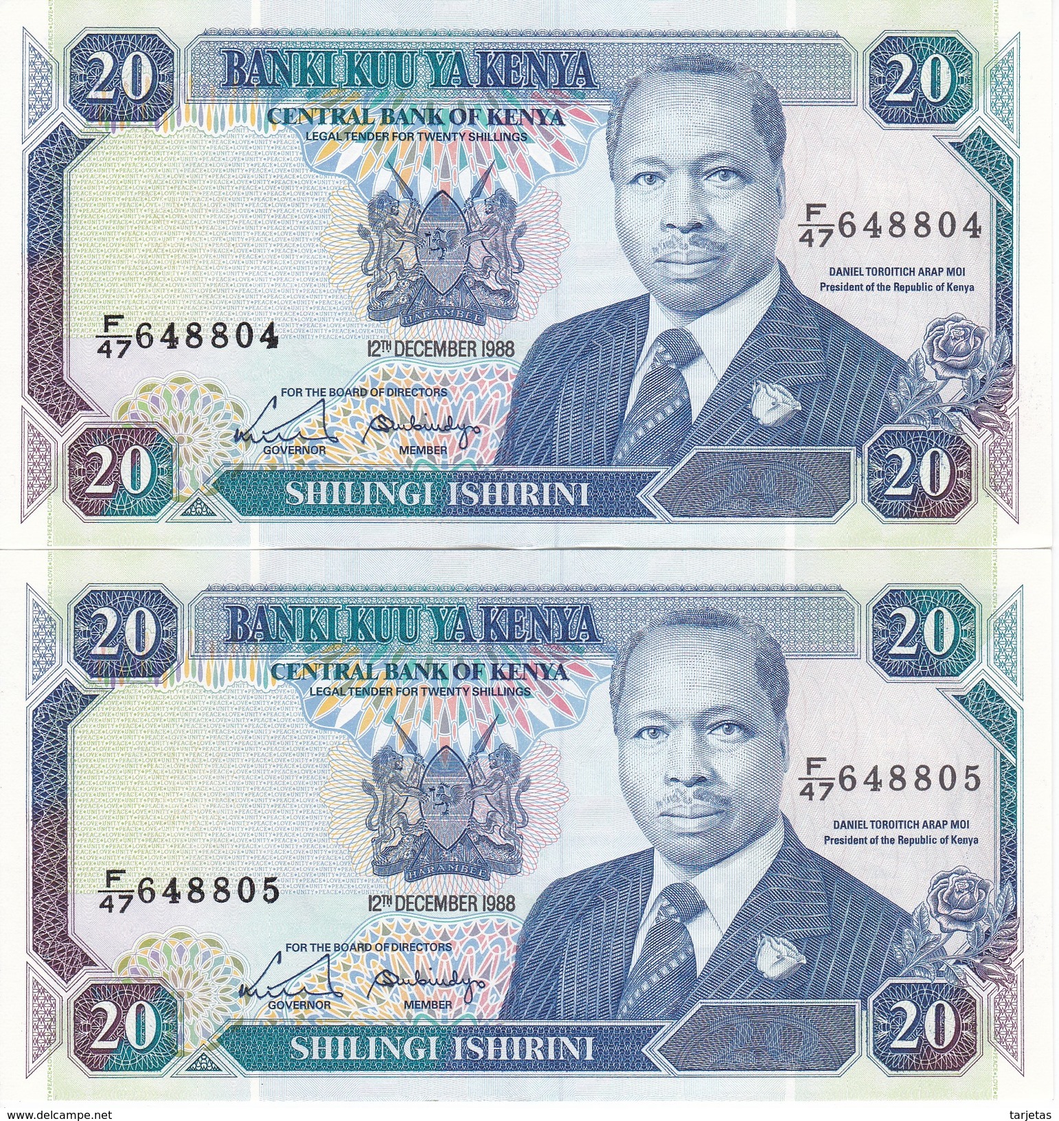 PAREJA CORRELATIVA DE KENIA DE 20 SHILINGS DEL 12 DE DICIEMBRE DE 1988 EN CALIDAD EBC (XF)  (BANK NOTE) - Kenya