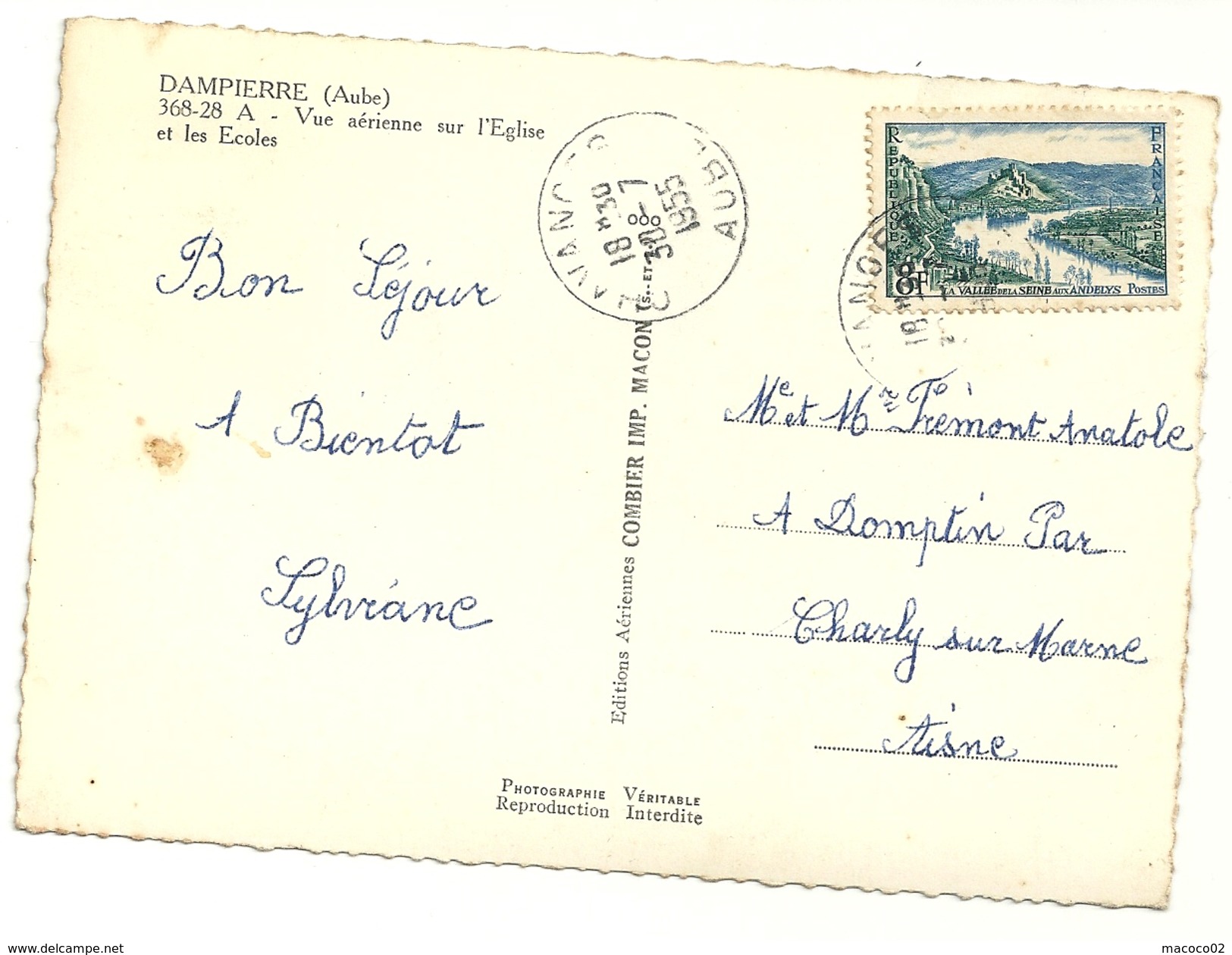 DAMPIERRE Dpt10 Vue Aérienne Sur L'Eglise Et Les Ecoles CPSM 10x15 De 1955 - Autres & Non Classés