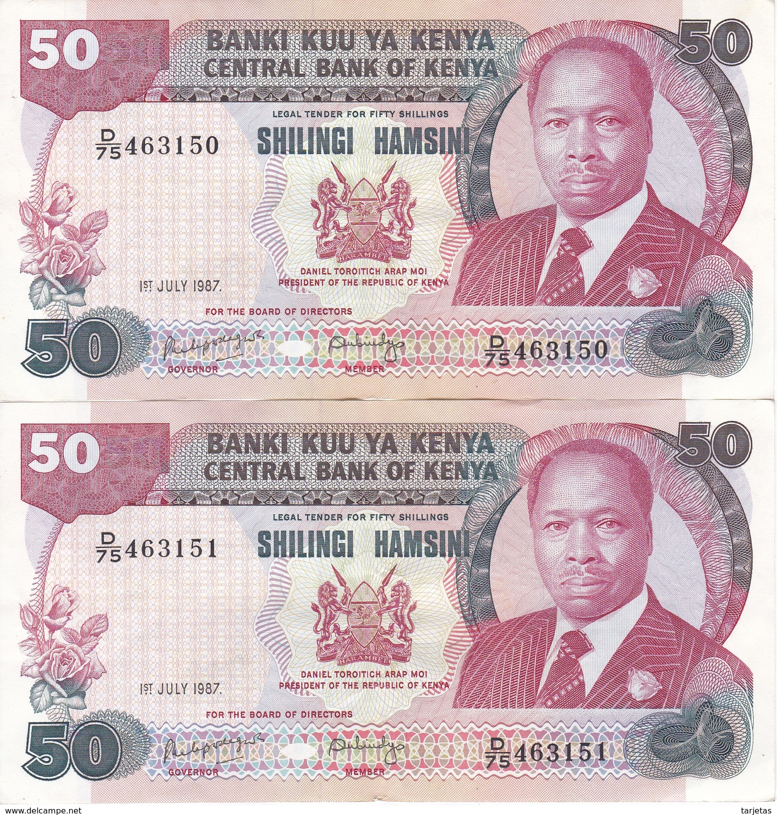 PAREJA CORRELATIVA DE KENIA DE 50 SHILINGS DEL 1 DE JULIO DE 1987 EN CALIDAD EBC (XF)  (BANK NOTE) - Kenya