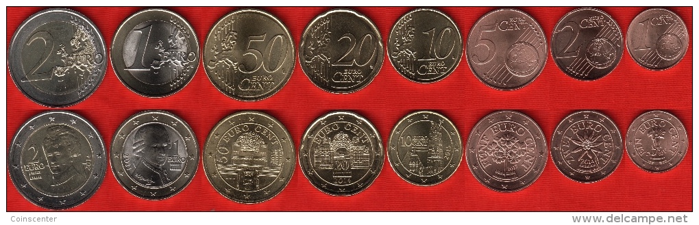 Austria Euro Full Set (8 Coins): 1 Cent - 2 Euro 2011-2015 UNC - Autriche