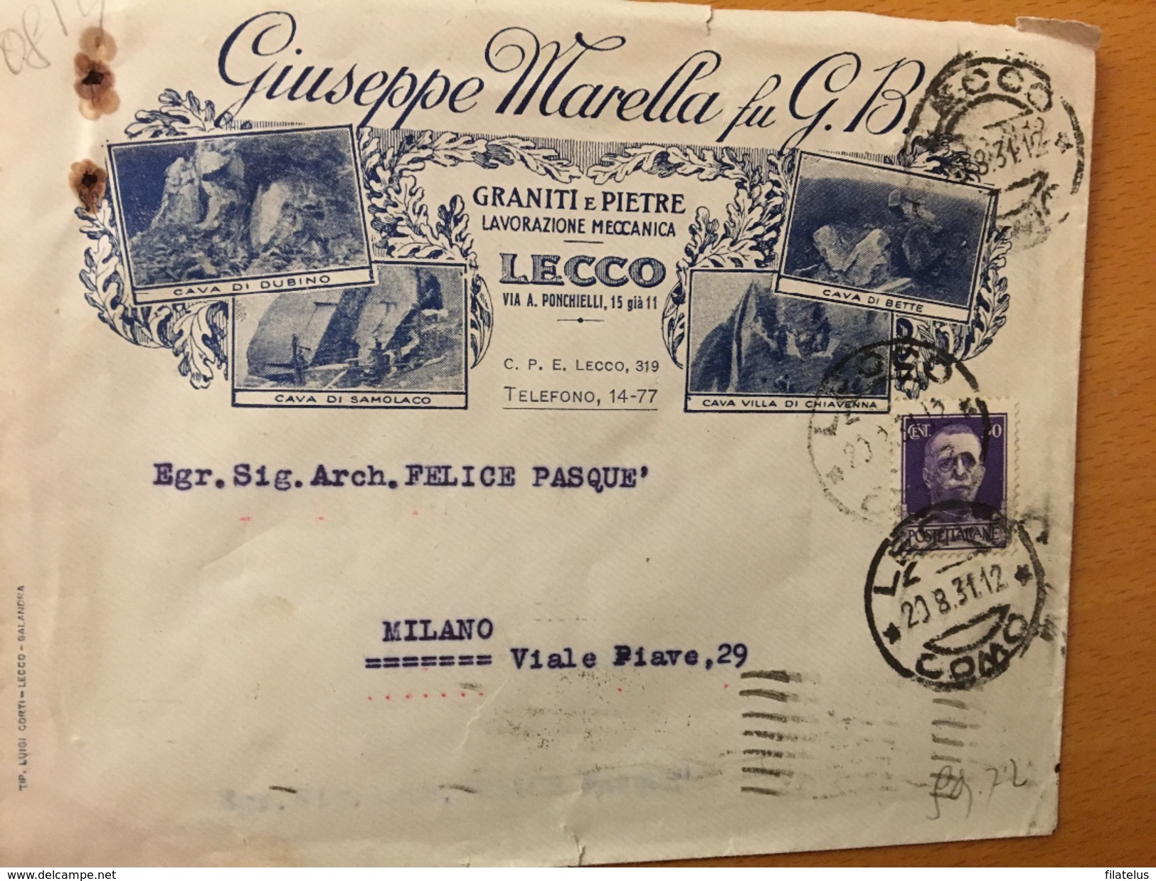 LECCO-20-8-1931-DITTA GIUSEPPE MARELLA-GRANITI E PIETRE - Marcophilie