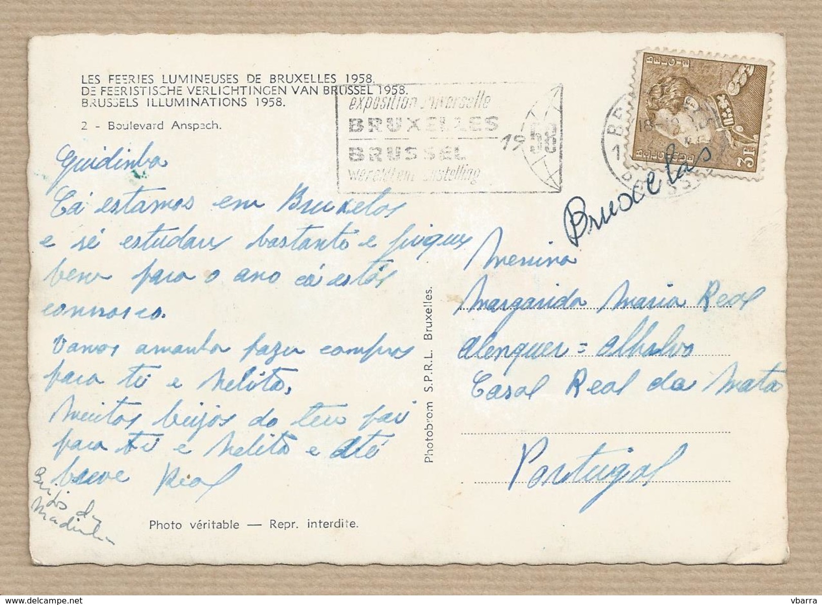 BELGIQUE Carte Postale Les Feeries Lumineuses De Bruxxeles 1958 Boulelevard Anspach. Timbre-poste Roi Leopold III - 3. F - Brüssel Bei Nacht
