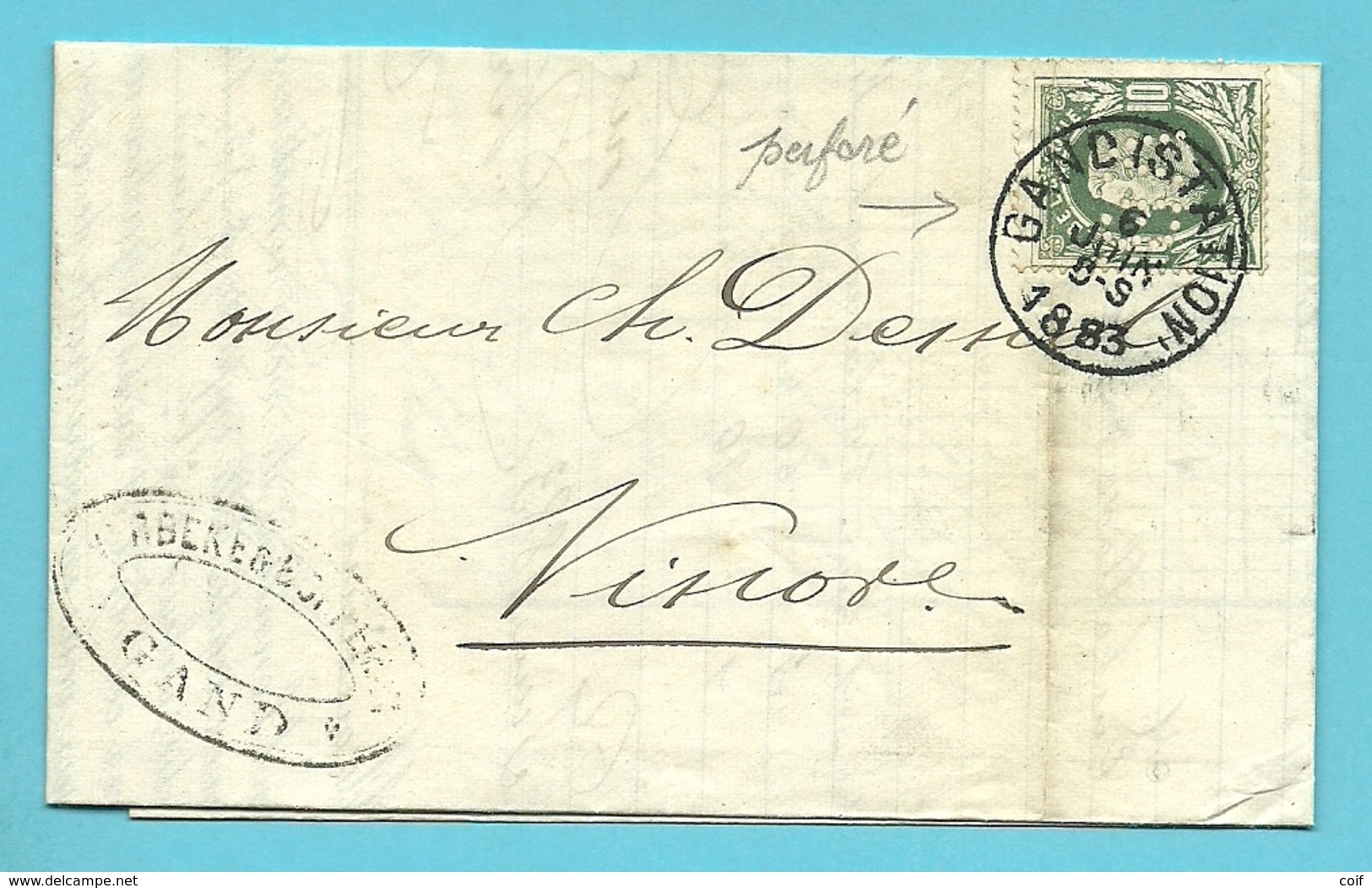 30 Op Brief Met Stempel GAND (STATION) , Met Firmaperforatie (perfin) " V.B." Van VERBEKE & BORREMAN - 1863-09