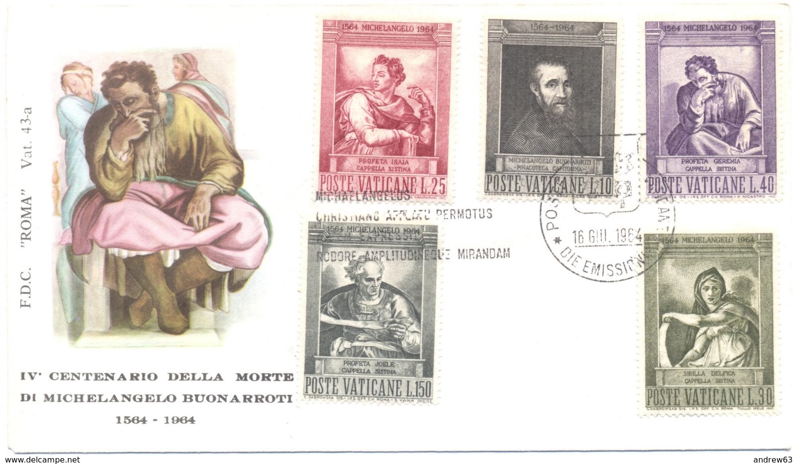 VATICANO - VATICAN - 1964 - IV Centenario Della Morte Di Michelangelo Buonarroti - FDC - Roma - FDC