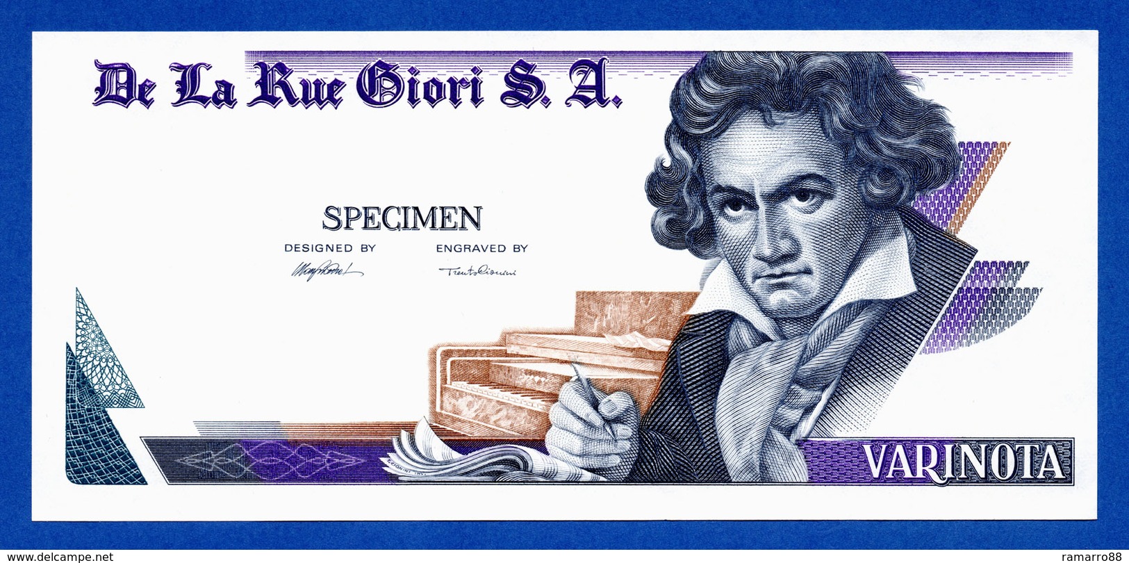 De La Rue Giori S.A. Varinota Beethoven Uniface Intaglio Specimen Test Note Fds / Unc - Fictifs & Spécimens