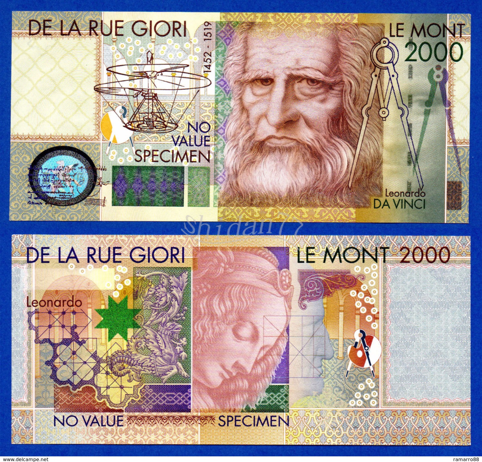 De La Rue Giori Leonardo Da Vinci Le Mont 2000 Specimen Test Note Fds / Unc - Specimen