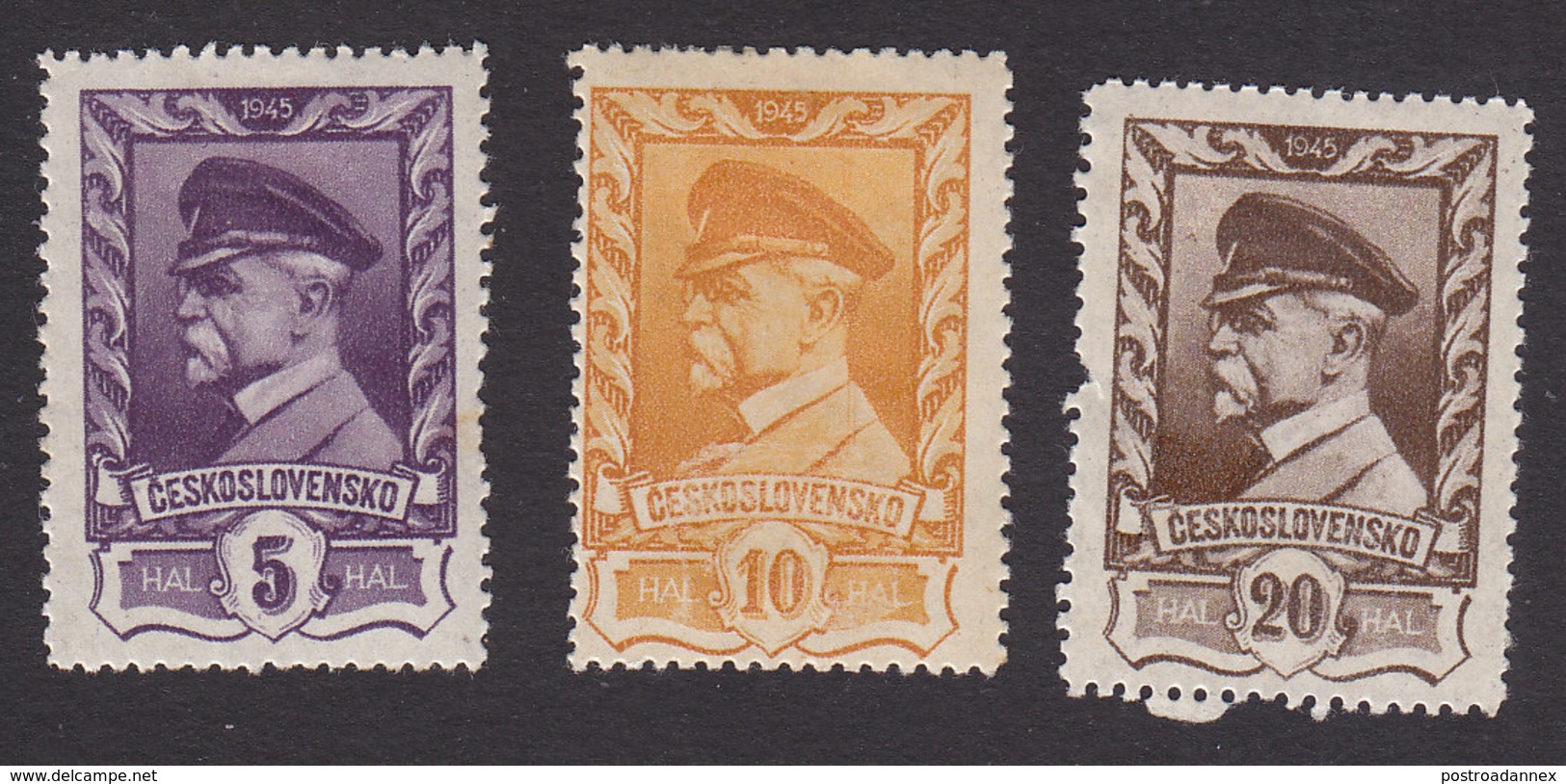 Czechoslovakia, Scott #262A-C, Mint Hinged, Masaryk, Issued 1945 - Unused Stamps