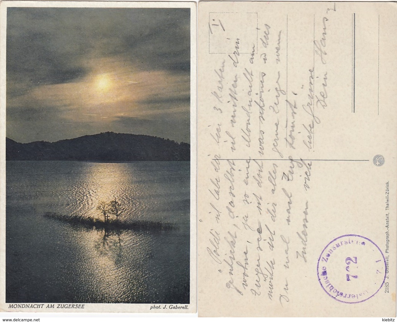 CH - Zug - Mondnacht Zugersee (J.Gaberell) Mit Zensurstempel - Zug