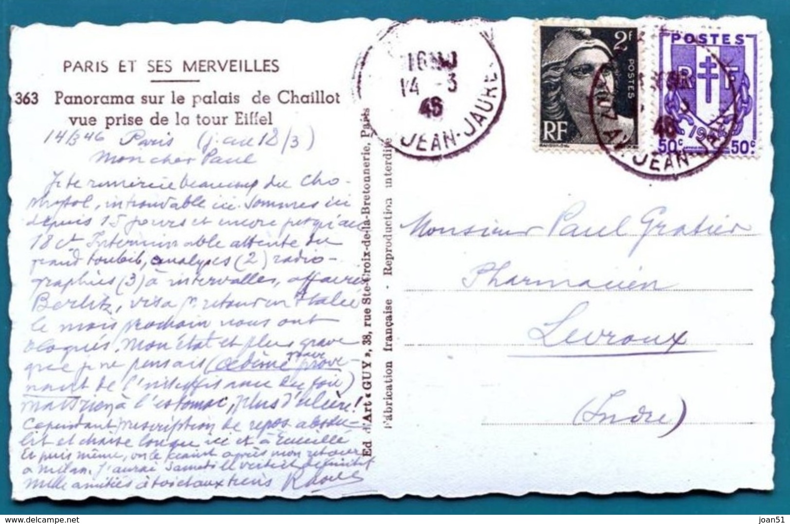 M13 /   SUR CP CHAINES BRISEES 50 C BLEU + MARIANNE VERT OLIVE 2 F TAD PARIS 14.3.1948 - 1921-1960: Modern Period