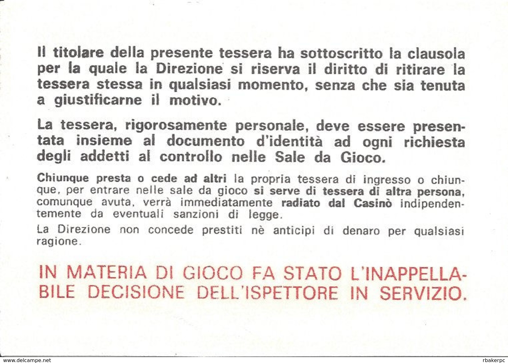Casino Municipale Campione D'Italia 20-Dec 1976 Carta Per La Giornata - Casino Cards