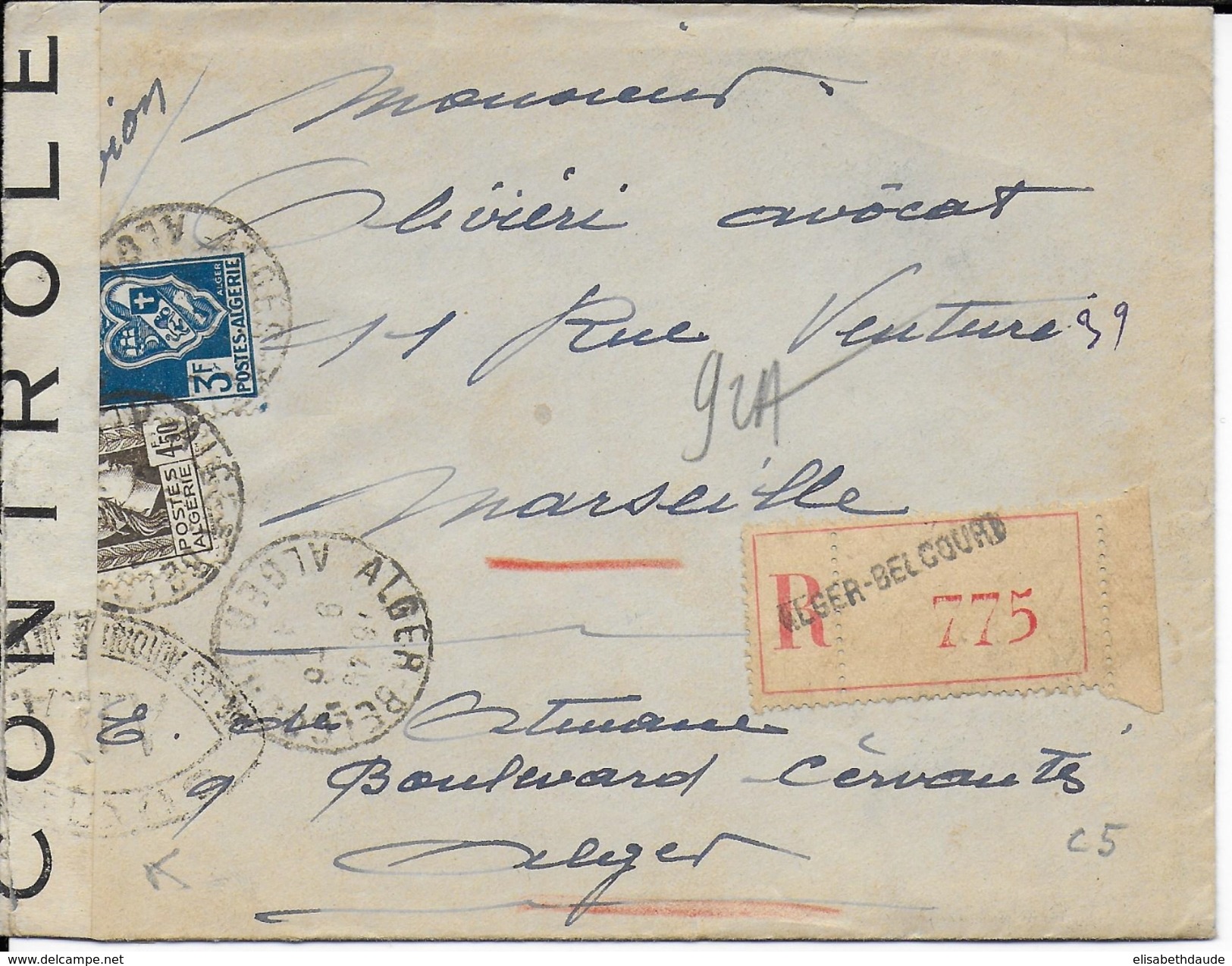 ALGERIE - 1945 - ENVELOPPE RECOMMANDEE De ALGER BELCOURT Par AVION CENSUREE => MARSEILLE - Lettres & Documents