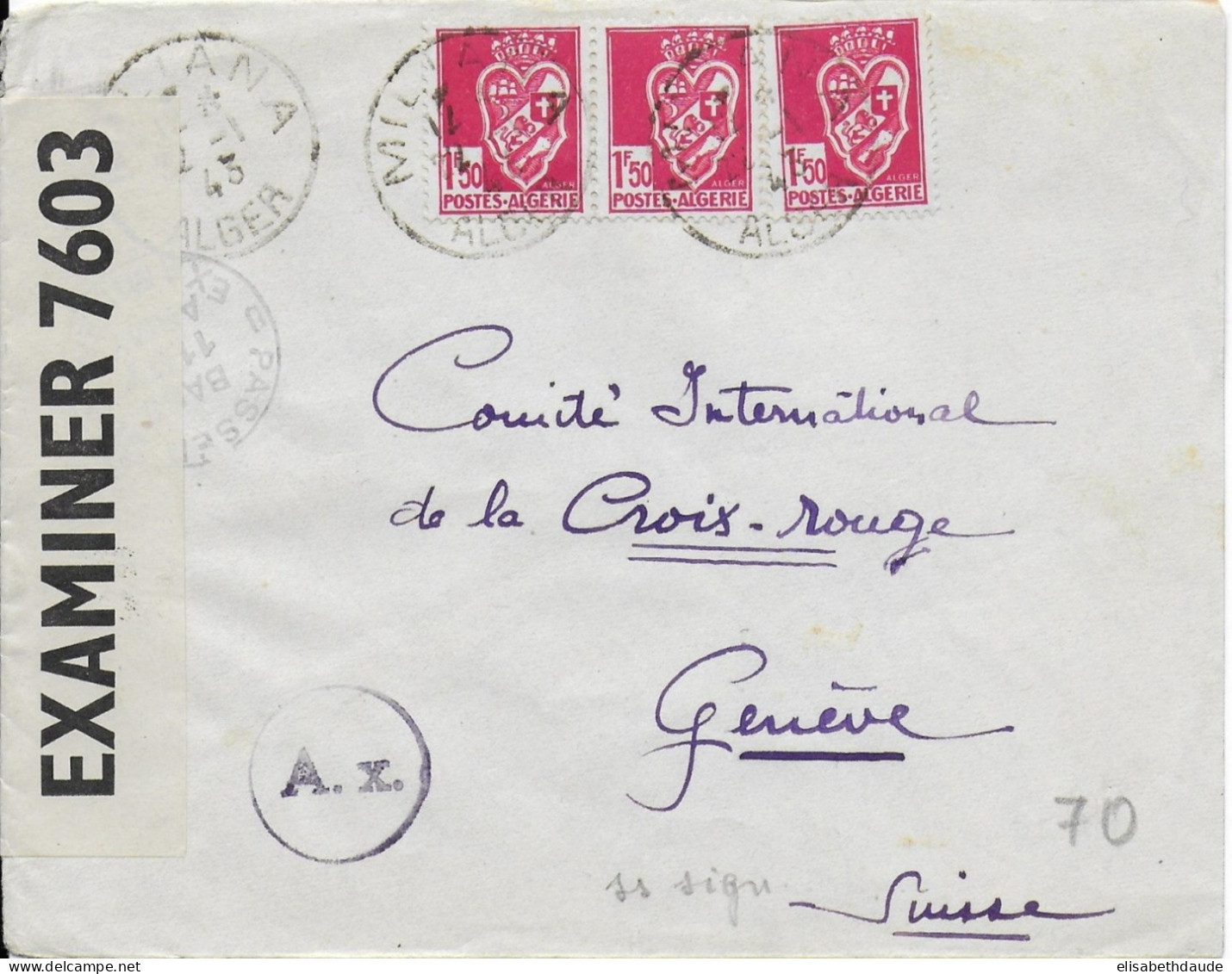 ALGERIE - 1943 - ENVELOPPE De MILIANA Avec CENSURES Des FORCES AMERICAINES En AFN + ALLEMANDE A.x => GENEVE - Lettres & Documents