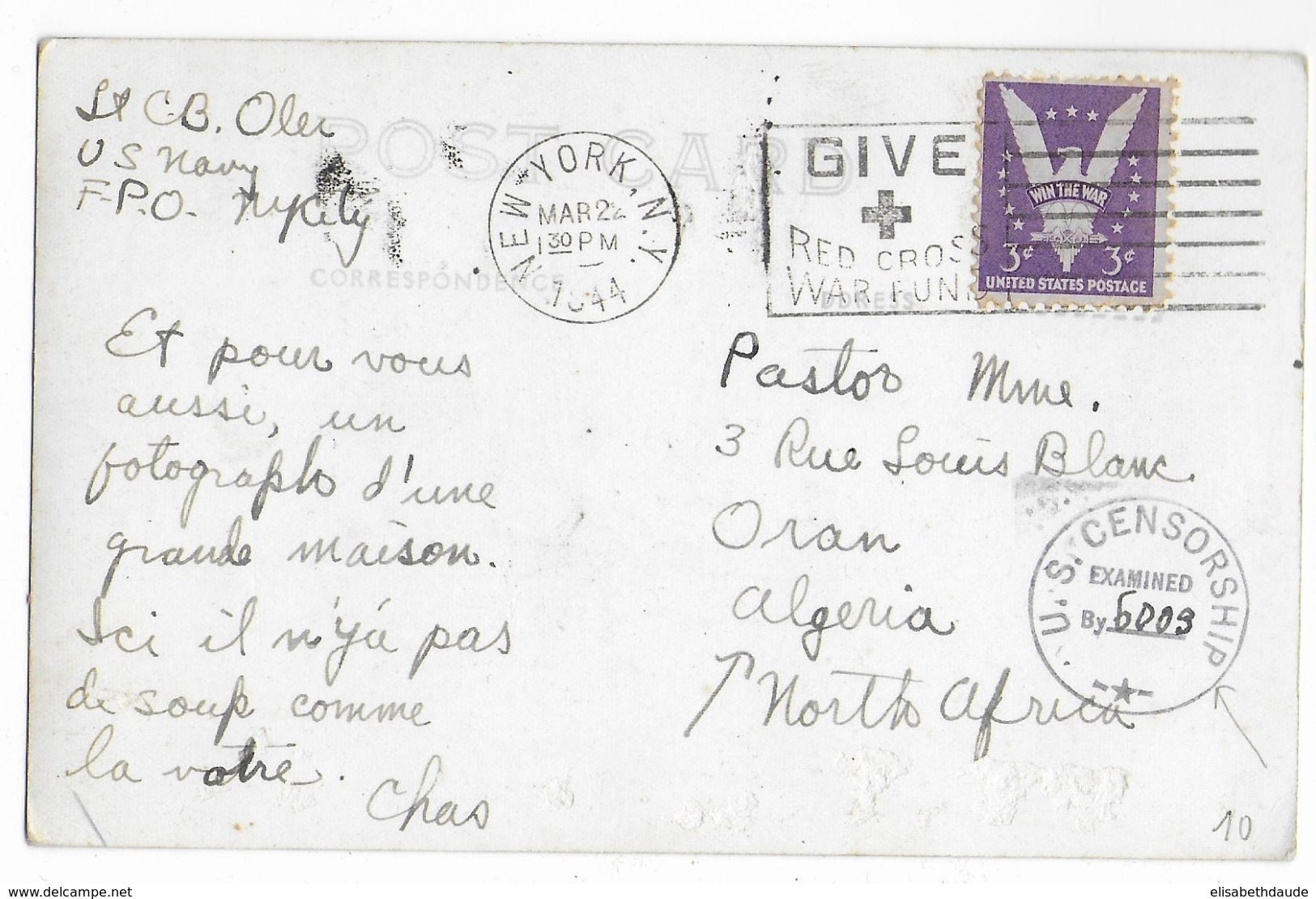 ALGERIE - 1944 - CP D'un MARIN De L'US NAVY (MECA RED CROSS NEW YORK) Avec CENSURE Des FORCES AMERICAINES En AFN => ORAN - Guerre De 1939-45