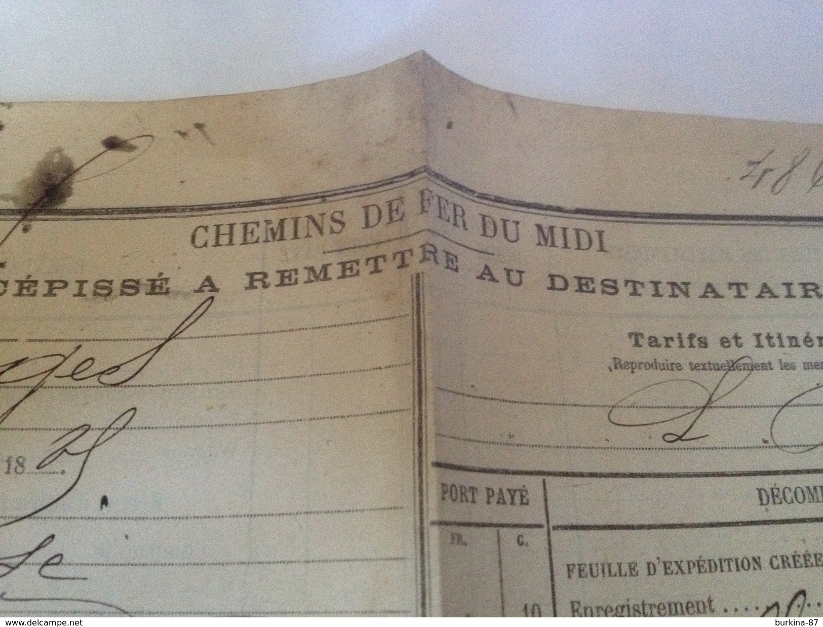 Chemins De Fer Du Midi, Récépissé Remis Destinataire 1885, Origine Narbonne - Autres & Non Classés