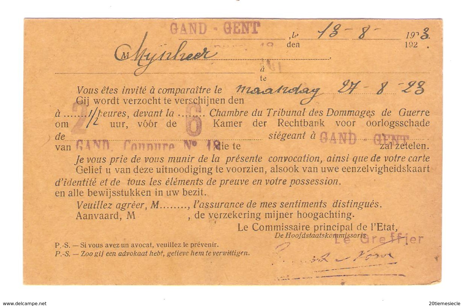 CP Recommandée En Franchise De Port Dommages De Guerre C.Gent 13/8/1923 V.E/V & Retour Papillon AP1007 - Franchise