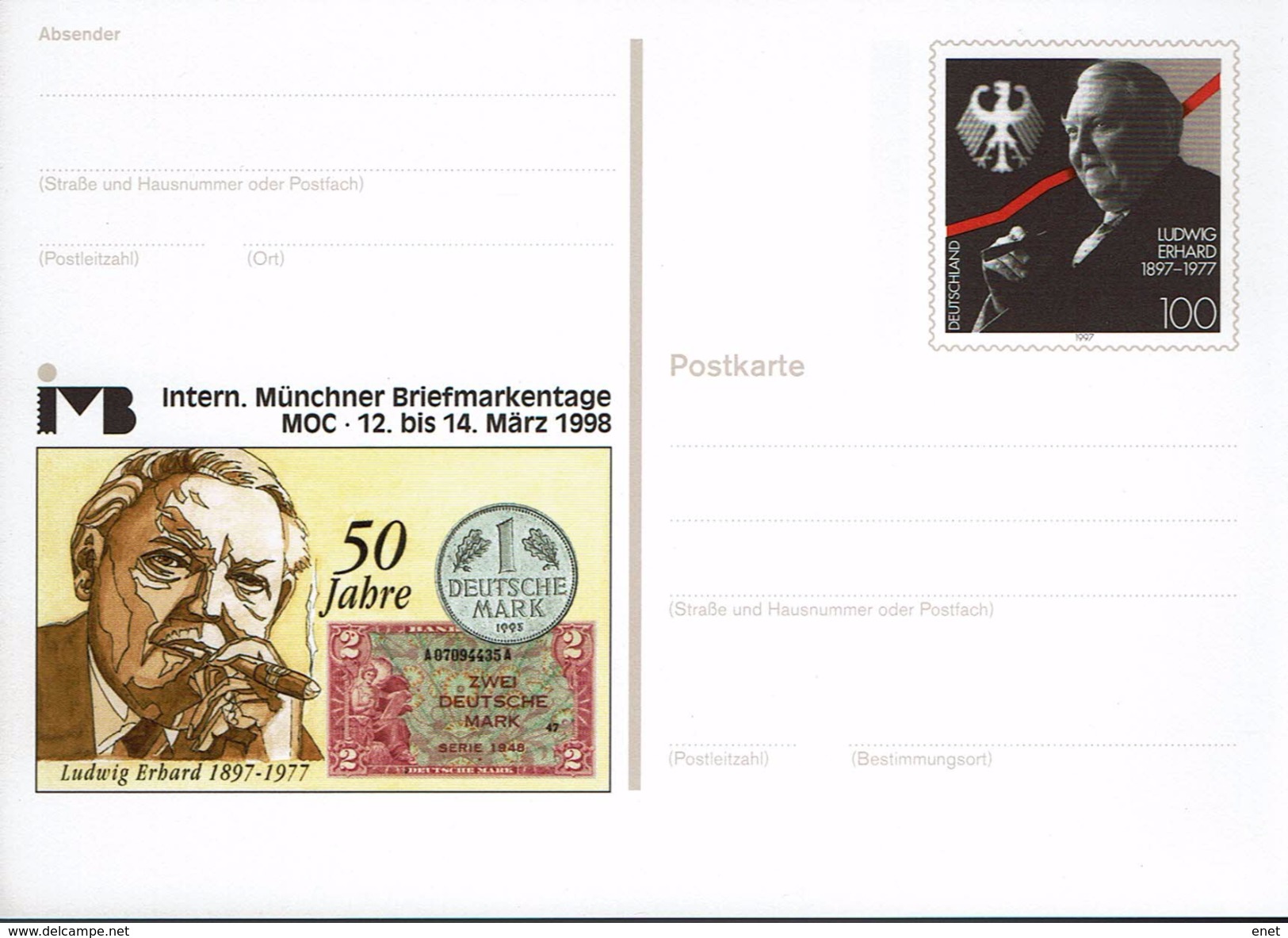 Deutschland 1998 - Postkarte - Deutsche Mark (Markenbild: Ludwig Erhard) - Münzen