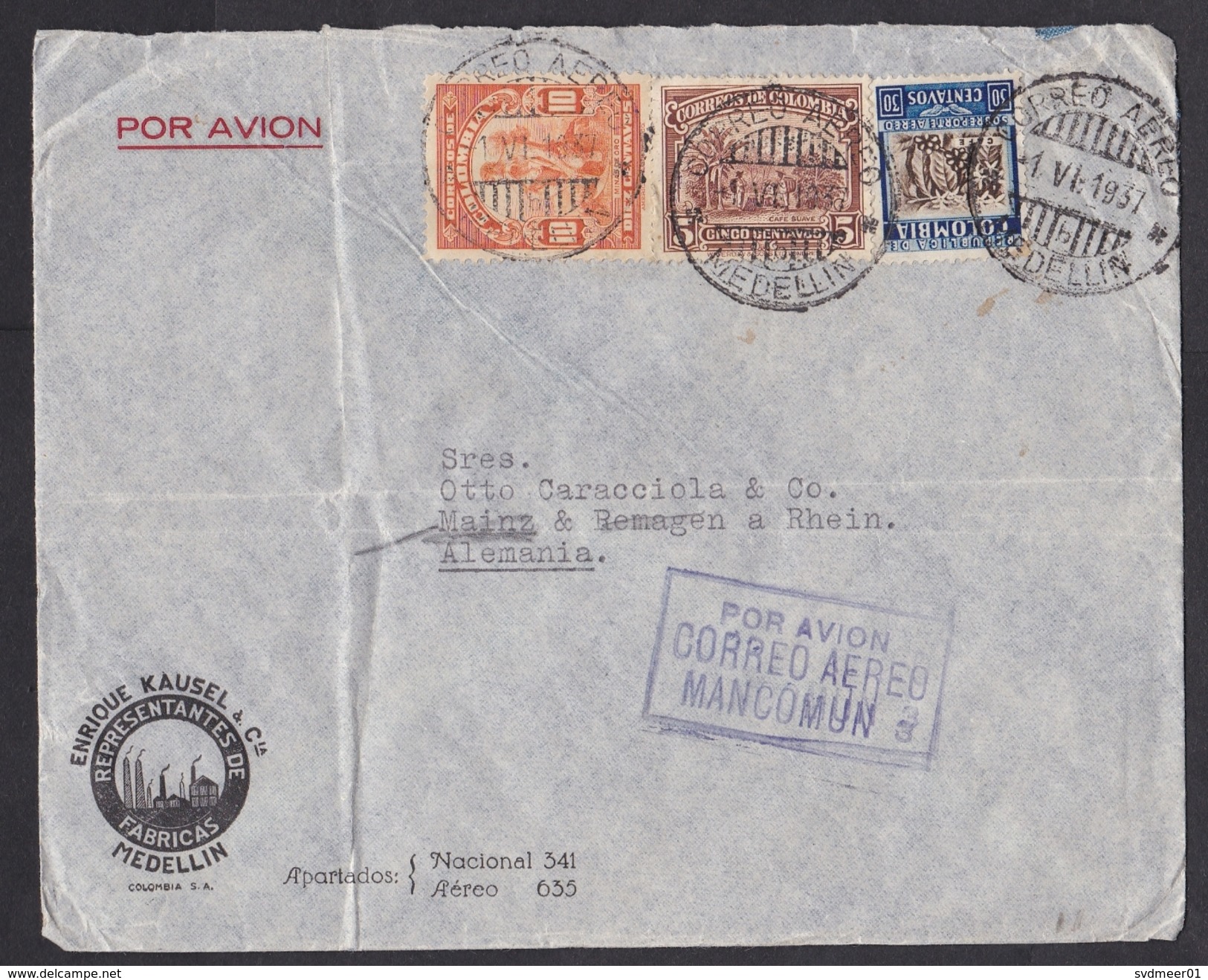 Colombia: Airmail Cover Medellin To Germany, 1937, 3 Stamps, Coffee, Mining, Mancomun (damaged, See Scan) - Colombia