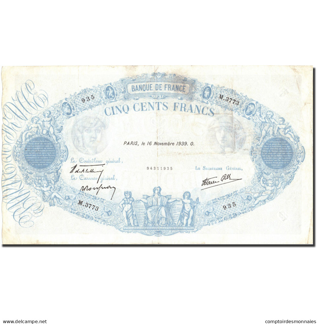Billet, France, 500 Francs, 500 F 1888-1940 ''Bleu Et Rose'', 1939, 1939-11-16 - 500 F 1888-1940 ''Bleu Et Rose''
