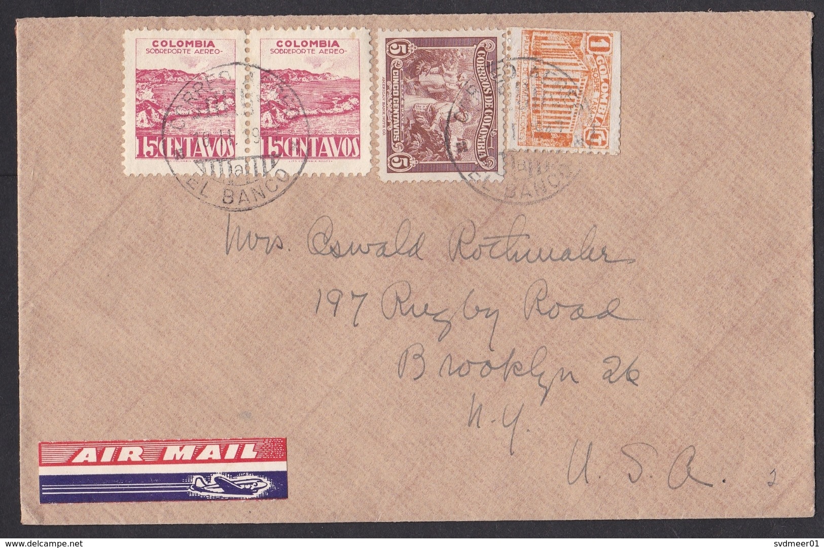 Colombia: Airmail Cover El Banco To USA, 1947, 3 Stamps, 1 Tax Stamp, Coffee, Landscape, Air Label (traces Of Use) - Colombia