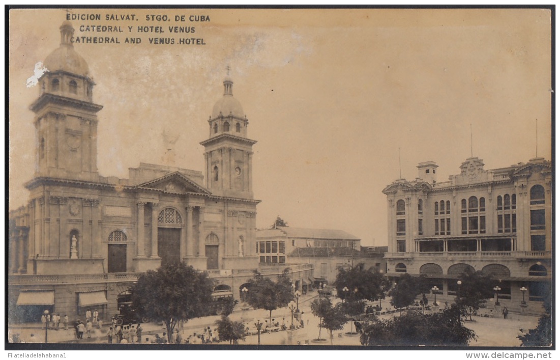 POS-642 CUBA POSTCARD. CIRCA 1905. SANTIAGO DE CUBA. HOTEL VENUS Y CATEDRAL CATHEDRAL. - Cuba