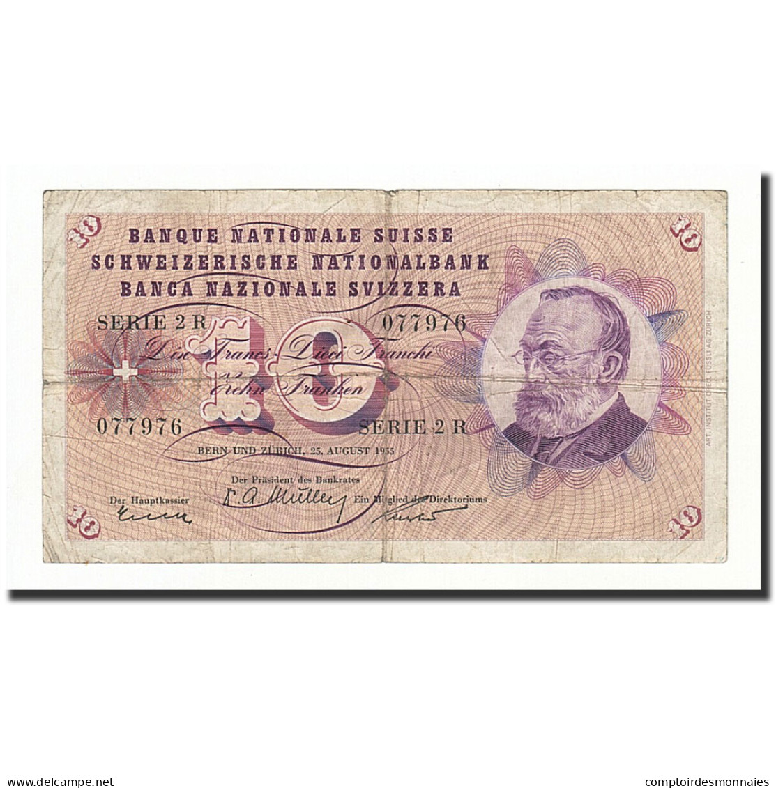 Billet, Suisse, 10 Franken, 1955, 1955-08-25, KM:45a, B - Switzerland