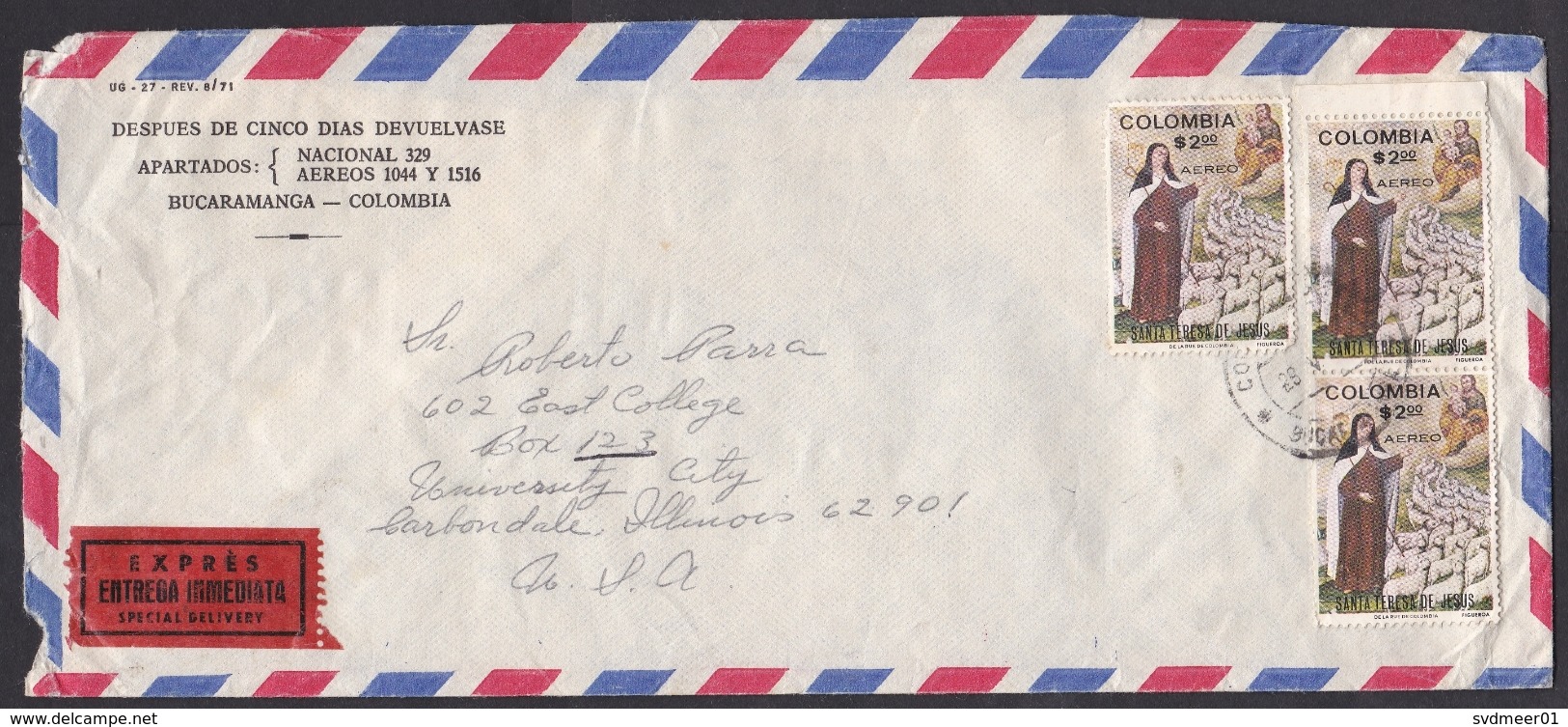 Colombia: Express Airmail Cover To USA, 1972, 3 Stamps, Religion, St. Theresa, Sheep, Label (minor Damage, See Scan) - Colombia