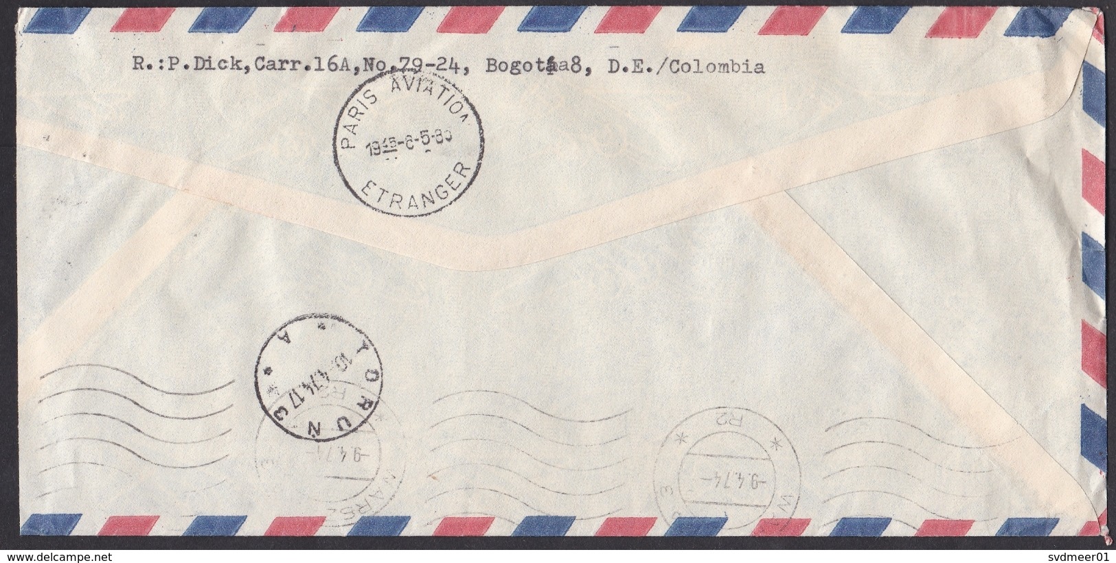 Colombia: Express Airmail Cover To Poland Via Paris, 1974, 3 Stamps, Bank, Heraldry, Statue, Label (traces Of Use) - Colombia