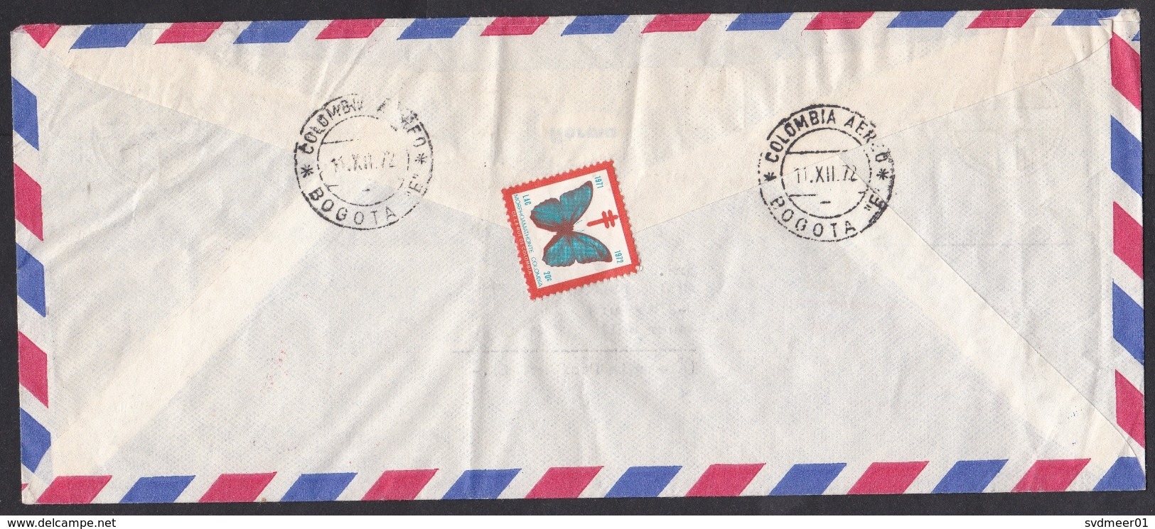 Colombia: Registered Airmail Cover To Germany, 1972, 3 Stamps, TB Cinderella Butterfly, UN, Doll, Fruit (minor Crease) - Colombia