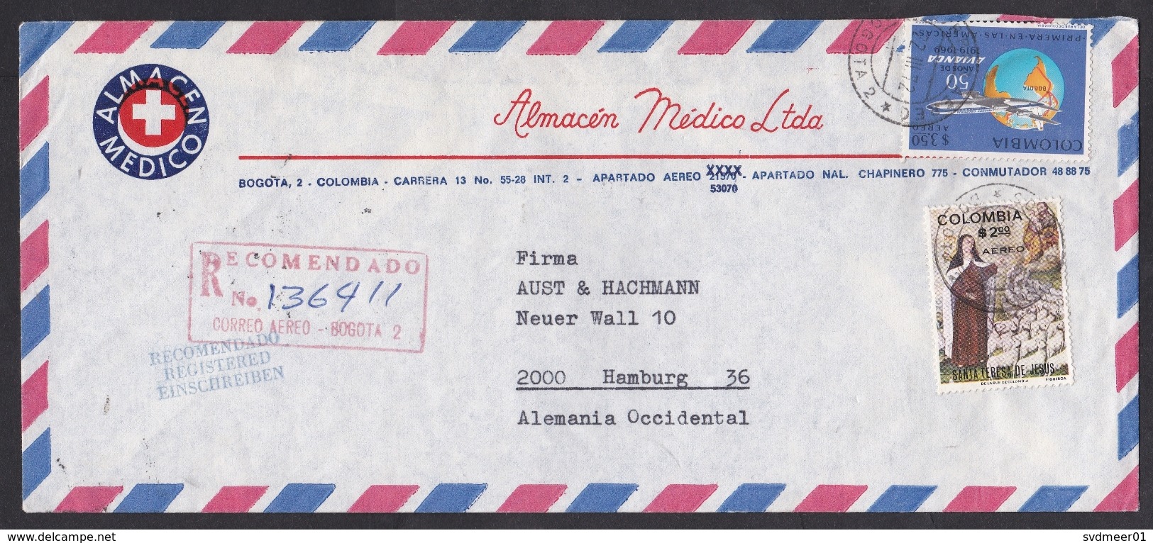 Colombia: Registered Airmail Cover To Germany, 1972, 2 Stamps, Airplane, Aviation, Religion, Sheep (traces Of Use) - Colombia