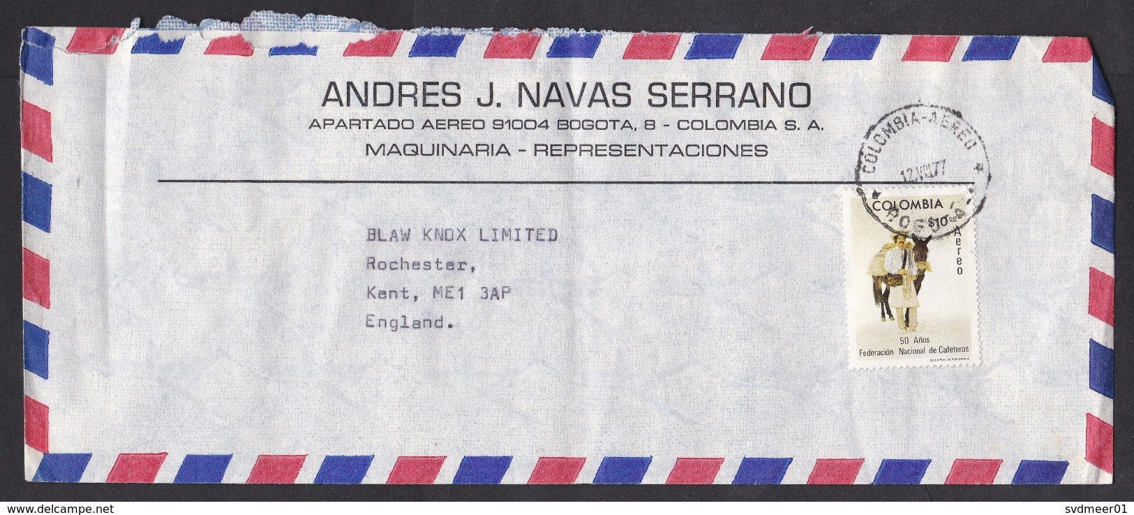 Colombia: Airmail Cover To UK, 1977, 1 Stamp, Coffee Transport By Donkey, Animal (roughly Opened) - Colombia