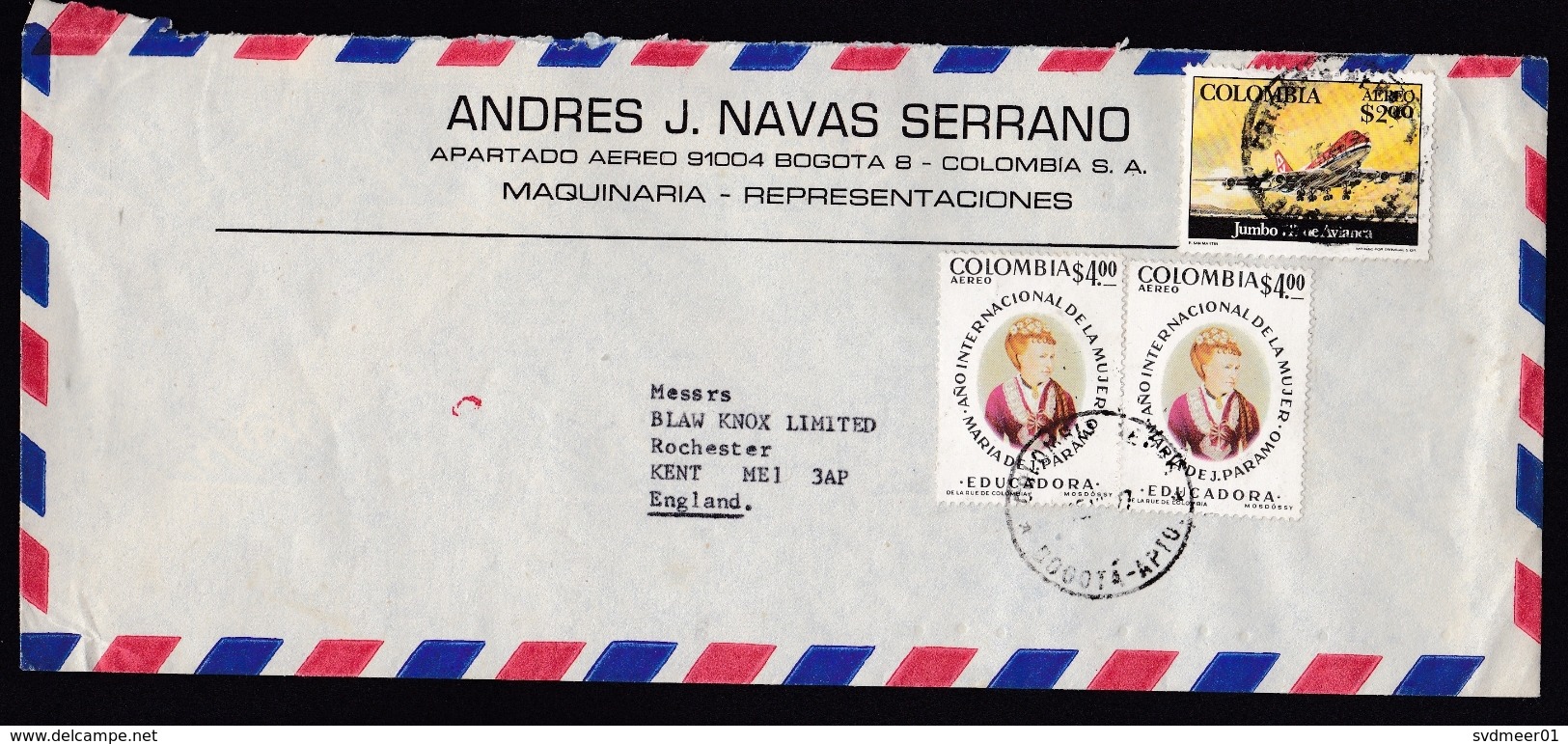 Colombia: Airmail Cover To England, 1977, 3 Stamps, Boeing Jumbo Airplane, Aviation, Lady (traces Of Use) - Colombia