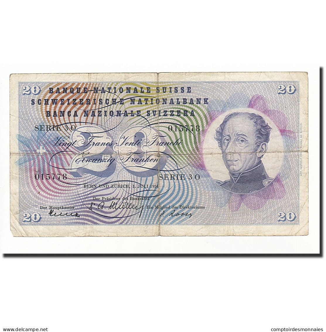 Billet, Suisse, 20 Franken, 1954, 1954-07-01, KM:46a, B - Suiza