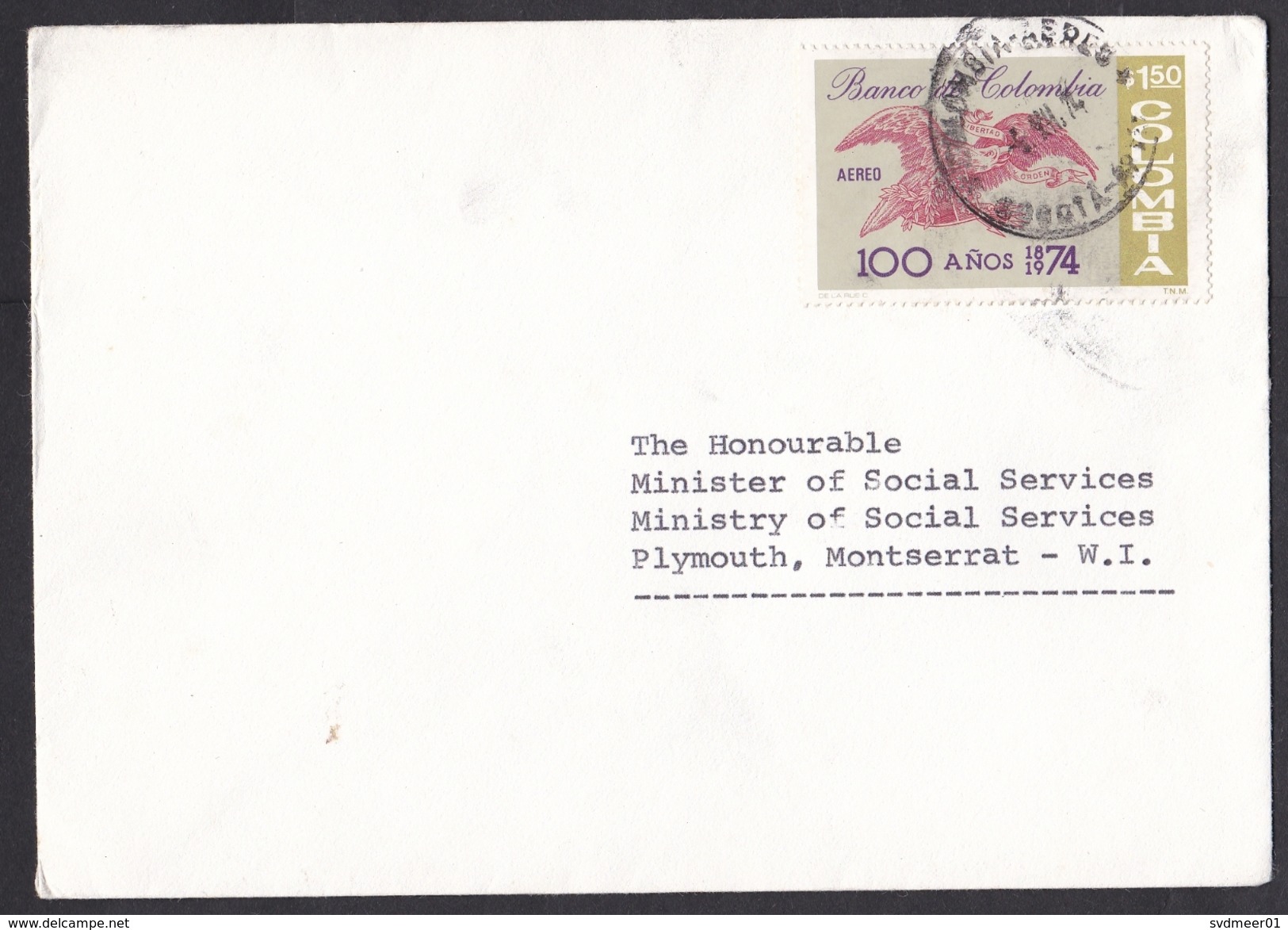 Colombia: Cover To Montserrat, 1974, 1 Stamp, Bank, Bird, Heraldry, Rare Destination (small Stain At Back) - Colombia