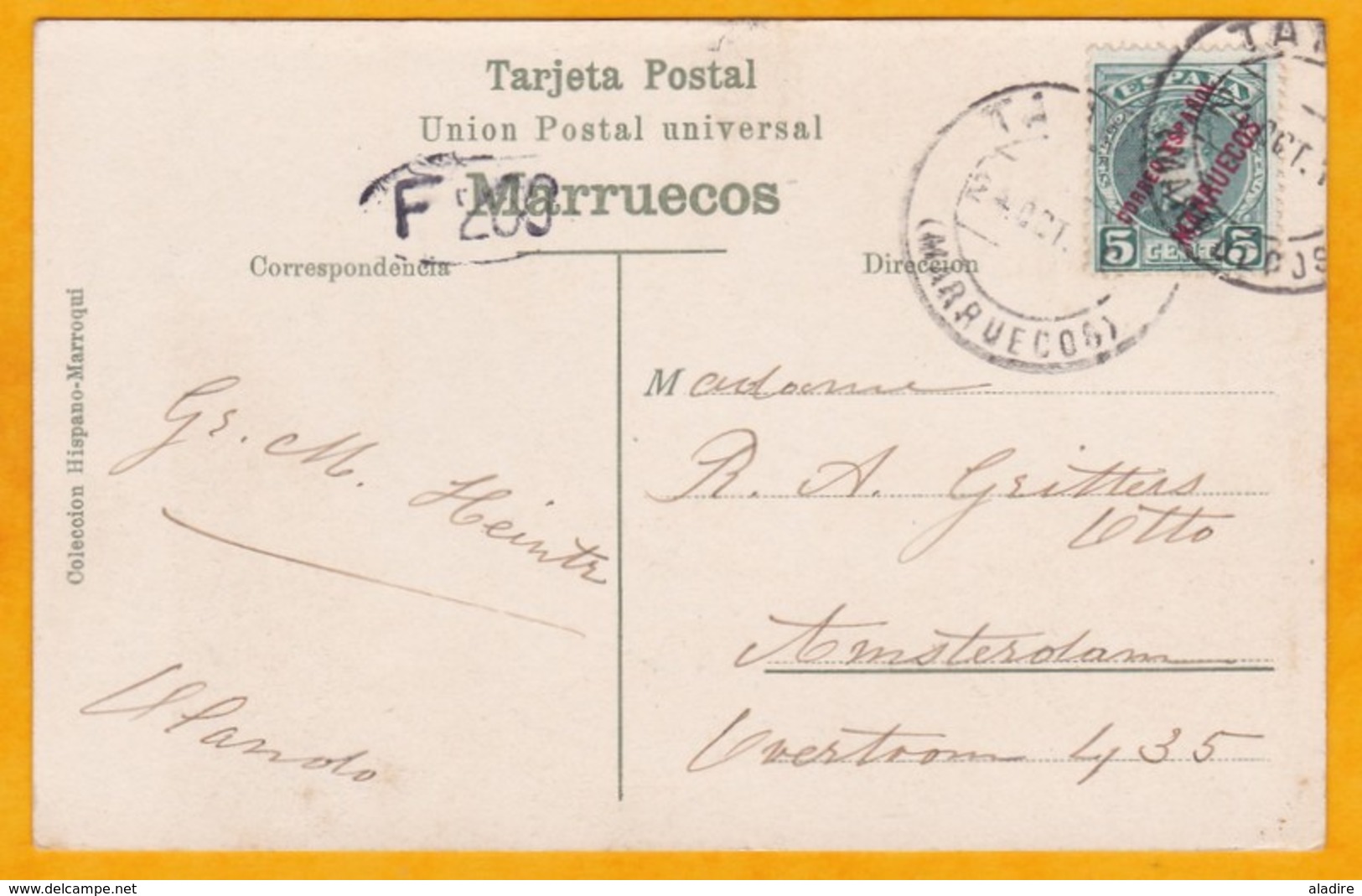 1903 - CP De Tanger, Maroc Espagnol Vers Amsterdam, Pays Bas - Afft YT N° 3 Alphonse 13 5 C Surchargé - Spanisch-Marokko