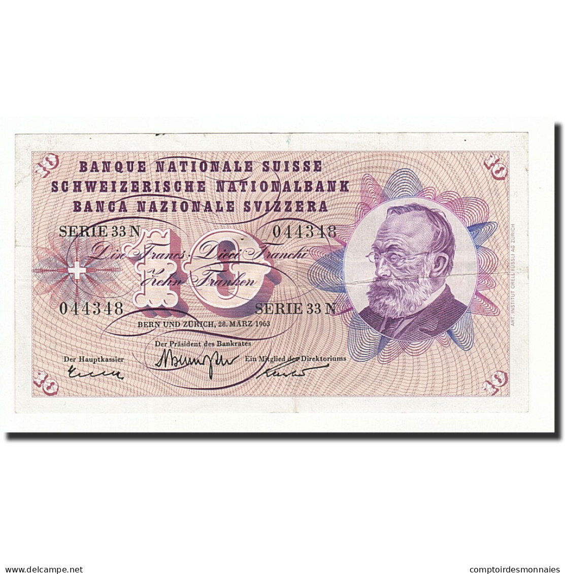 Billet, Suisse, 10 Franken, 1963, 1963-03-28, KM:45h, TB - Suiza