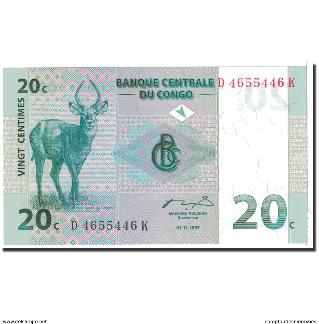 Billet, Congo Democratic Republic, 20 Centimes, 1997, 1997-11-01, KM:83a, NEUF - Republic Of Congo (Congo-Brazzaville)