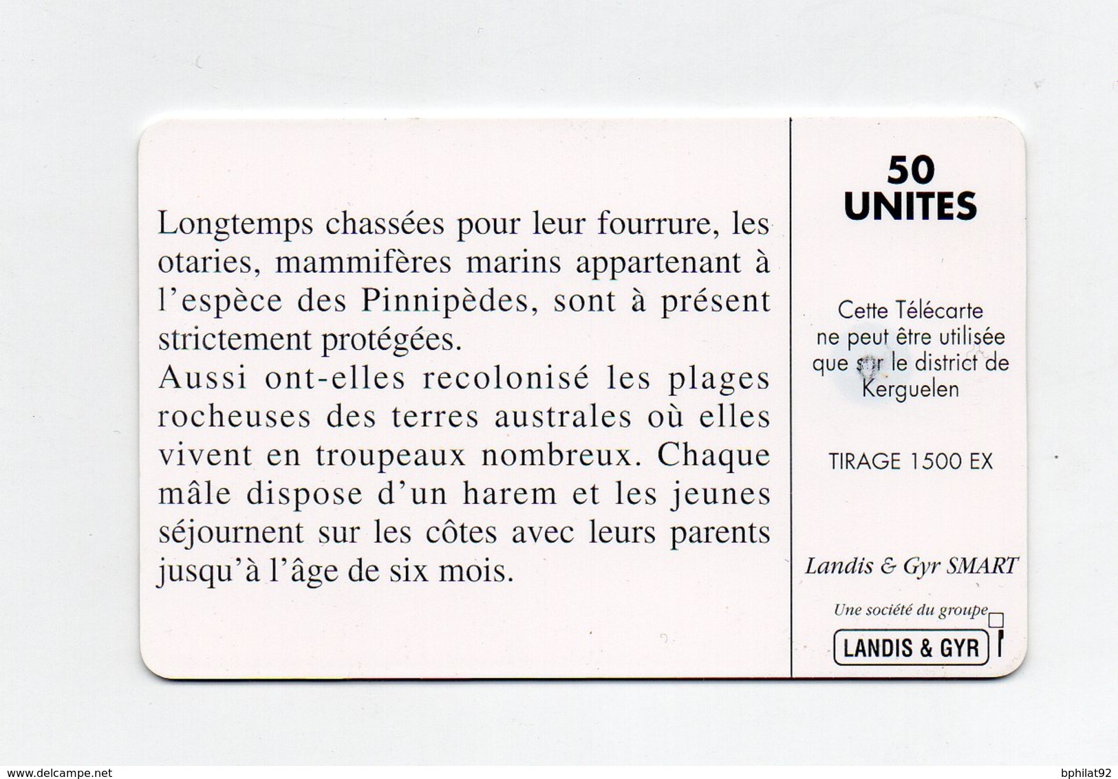 !!! TELECARTE DES TAAF N°7 OTARIE - 50 UNITES - TAAF - French Southern And Antarctic Lands