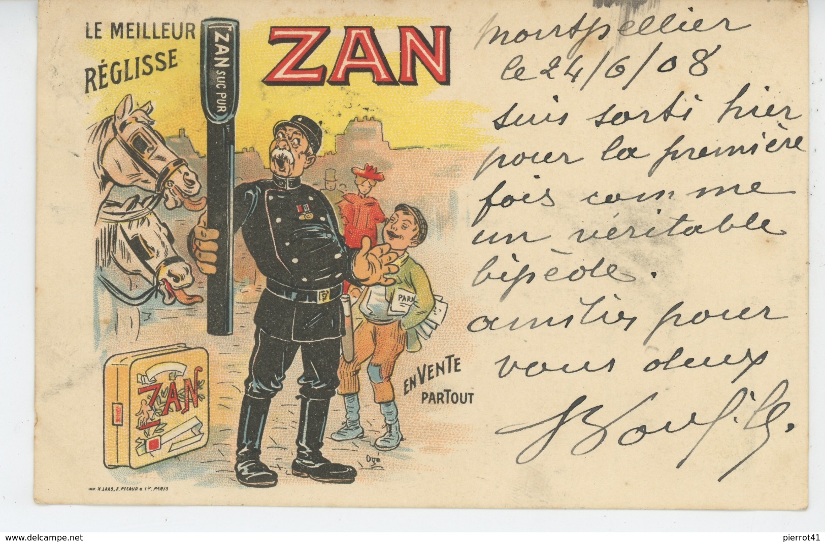 PUBLICITE - Jolie Carte Fantaisie Pub Pour REGLISSE ZAN Avec Policier Et Petit Vendeur De Journaux Signée OGÉ - Publicité