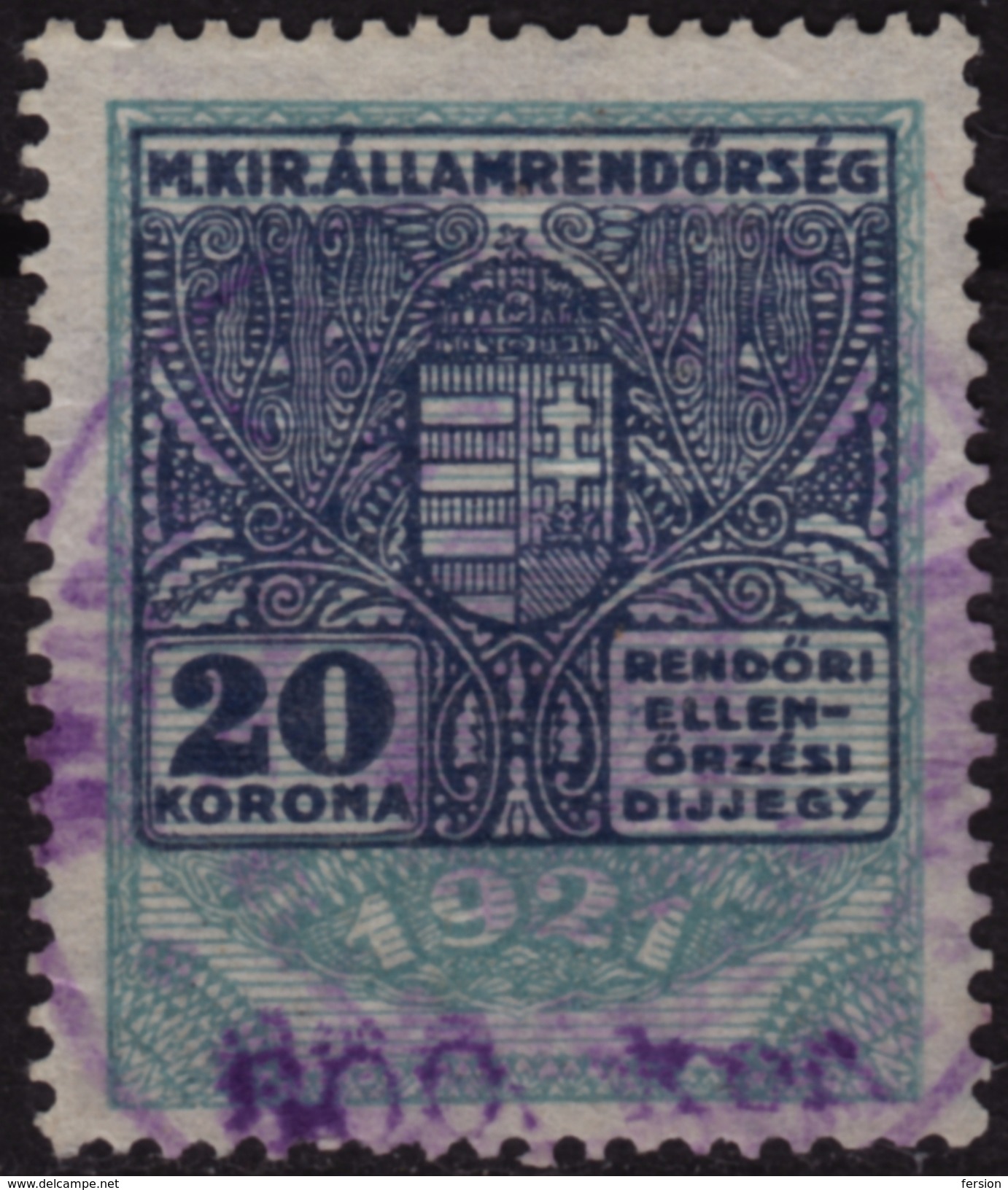 1923 Hungary - POLICE Tax - Revenue Stamp - 600 K / 220 K ? / 20 K - PURPLE Number Overprint - Used - Fiscaux