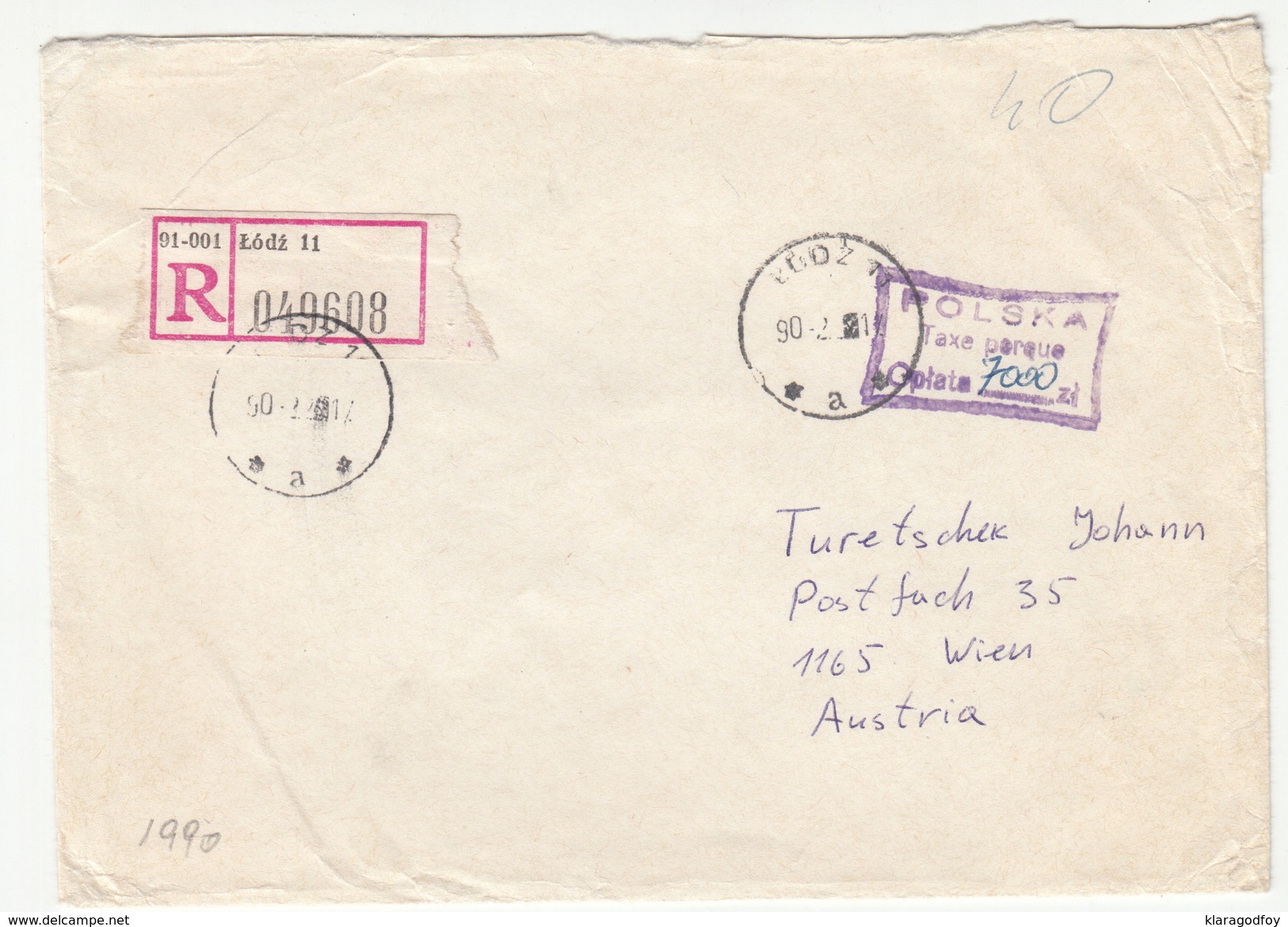 Polska Registered Letter Cover Travelled 1990? Lodz To Wien TAXE PERCUE B170501 - Cartas & Documentos