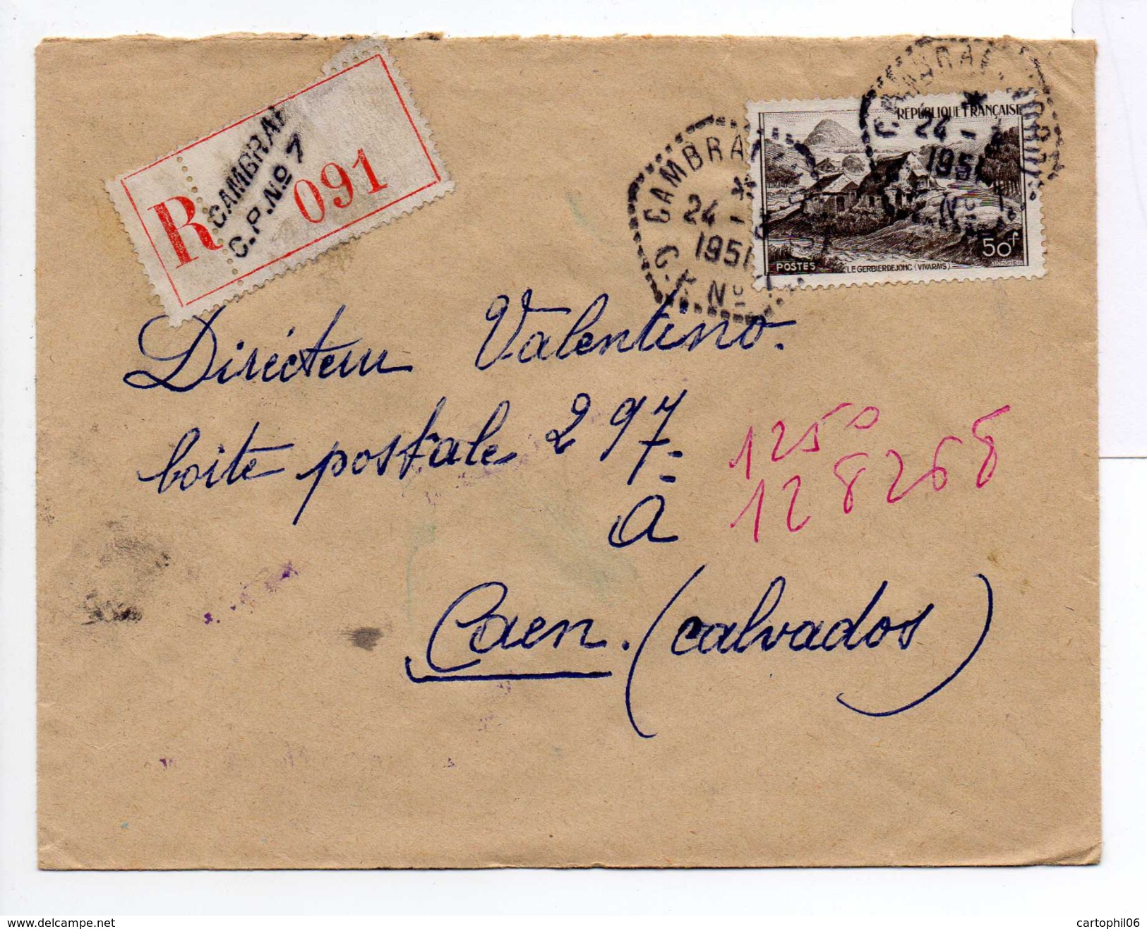 - FRANCE - Lettre Recommandée CAMBRAI C.P. N° 7 (Nord) Pour CAEN (Calvados) 24.3.1951 - A ETUDIER - - 1921-1960: Période Moderne