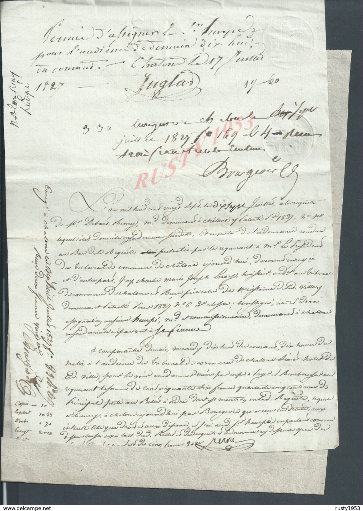 CHÂLONS SUR MARNE LOT DE 4 VIEUX DOCUMENTS TRIBUNAL DE COMMERCE 1827 : - Manoscritti