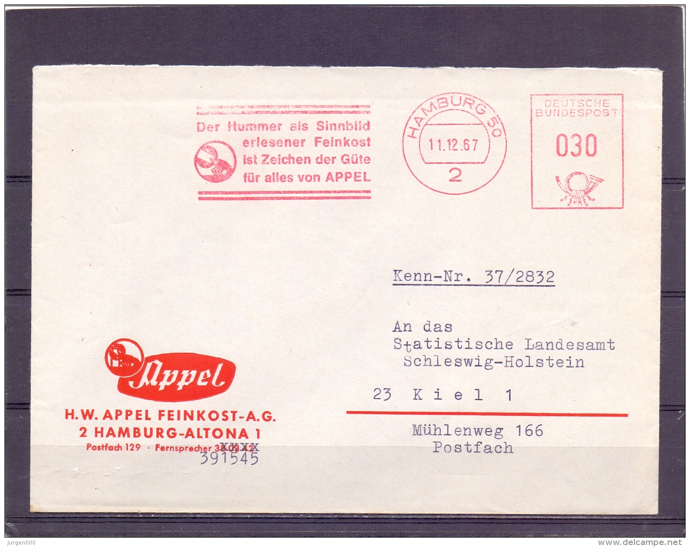 Deutsche Bundespost - Der Hummer Als Sinnbild - Appel Feinkost - Hamburg 11/12/67    (RM12986) - Crustacés