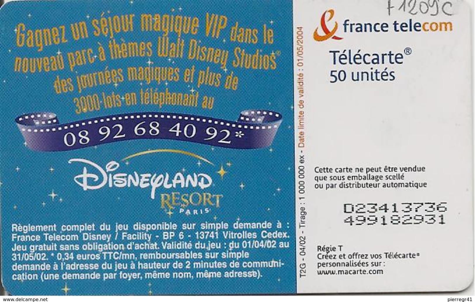 CARTE°-PUBLIC-50U-F1209 C-OB2-04/02-WALT DISNEY STUDIO-MICKEY-UTILISE-BE-RARE - 2002