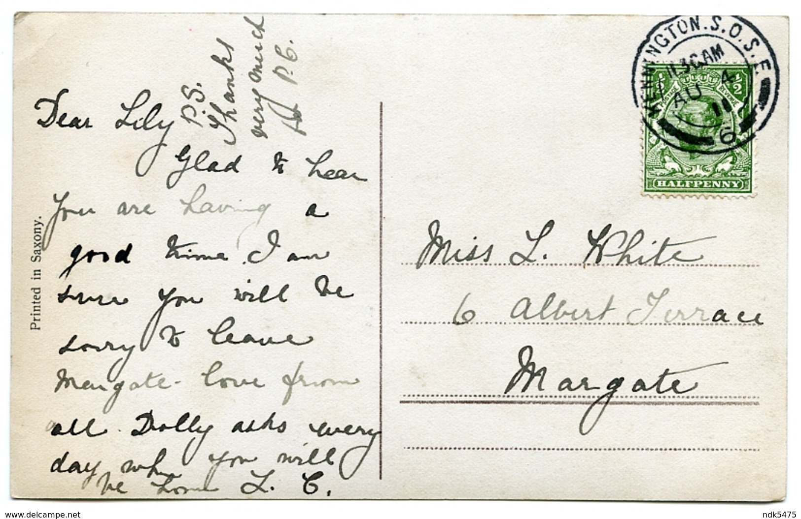 LONDON : POSTMARK - KENNINGTON S.O.S.E. / PRETTY GIRL WITH BIRD / ADDRESS - MARGATE, ALBERT TERRACE (WHITE) - London Suburbs